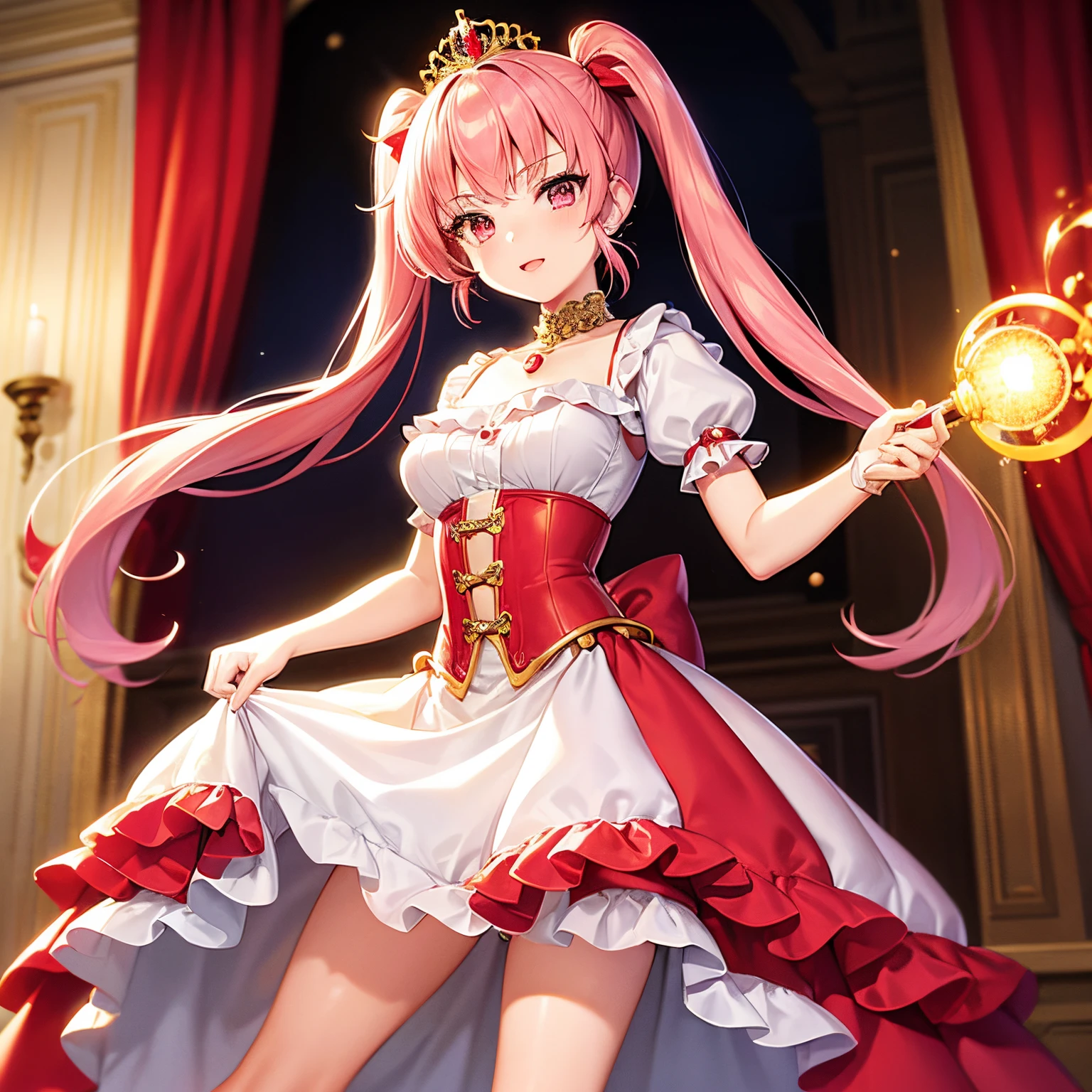 Pretty 15 years old princess, drawn in anime style, is cute and happy, long red pigtails hair, pink eyes, small breast, makeup and lipstick, steampunk, red and white ball gown with puffy sleeves, petticoat, bustle, corset, hair ribbons, white elbow gloves, ruby earrings and necklace, gold tiara, high heels, wielding a fire magic wand, standing in castle bedroom, highly detailed, 4K.