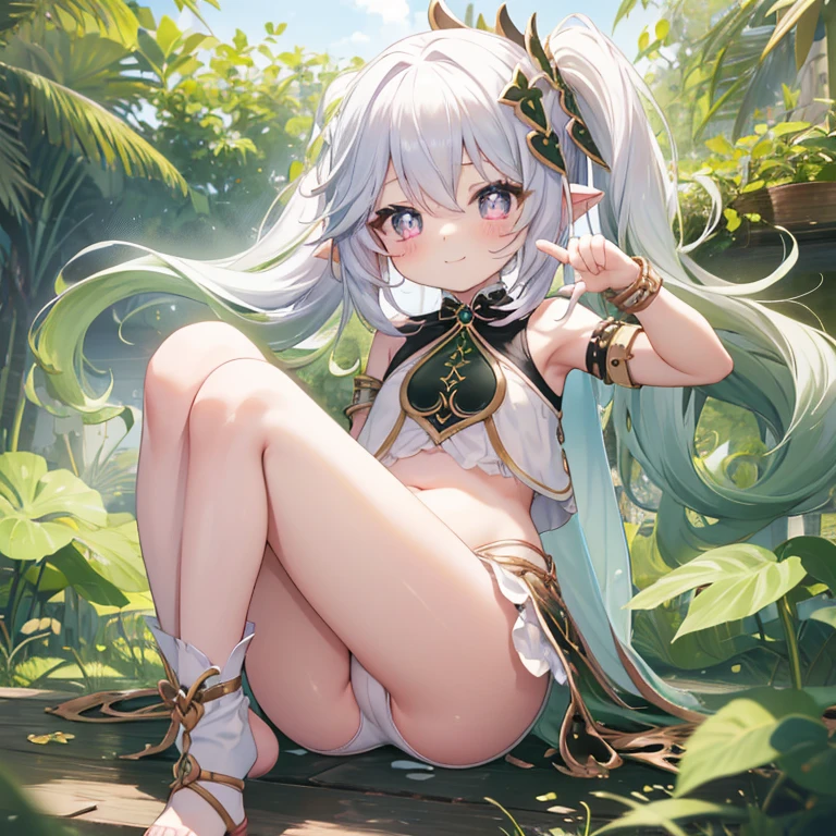 Best Quality, top-quality、(cute petit girl:1.3), flat chest,Beautiful pink eyes、Lori、(Cuteness beyond limits),(White underwear),lovely thighs、cute smile face、poneyTail、sexypose、conquer、Bend your knees、Show your crotch、((Bold poses))、I can see the belly button