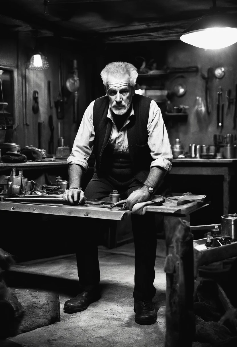 The image is of a dimly lit room, with a long table covered in various tools and materials, surrounded by eerie red lighting casting ominous shadows.,Saw series,Kramer is an older man with a gaunt, pallid complexion, accentuated by his battle with cancer. His thinning, grey hair and deeply lined face reflect his age and the toll of his illness. He often dresses plainly, in simple, unassuming clothes that contrast sharply with the elaborate nature of his traps. Even as his health declines, there’s a resilience in his eyes, a testament to his unwavering commitment to his twisted mission., male