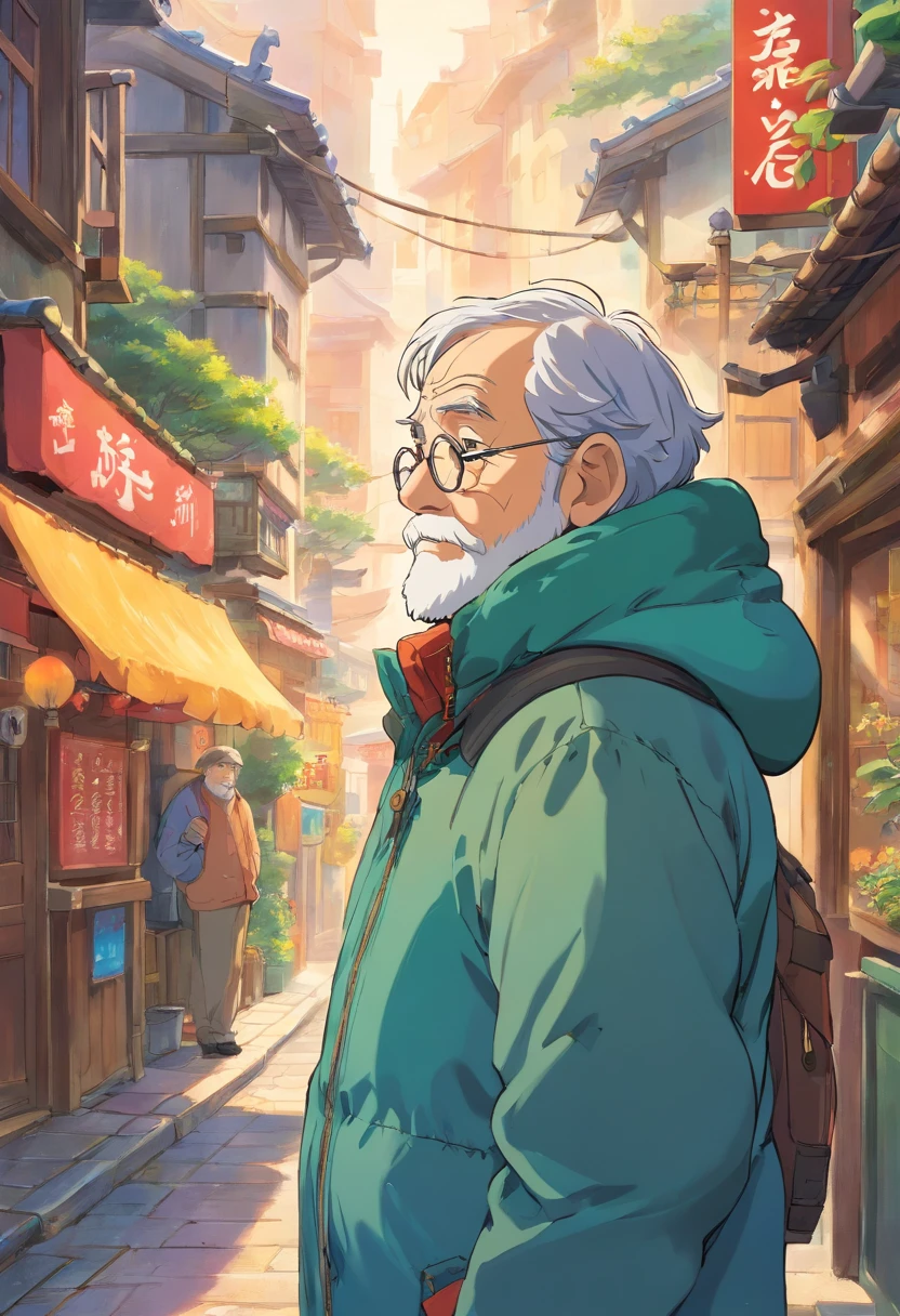 An old man in a down jacket stands