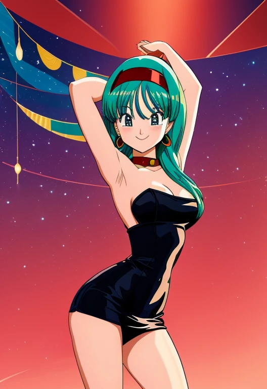 (Photo:1.3), highdetail, Bulla, 1girl, solo, aqua hair, red headband, solo, black dress, strapless, skin-tight dress, sexy poses, Smile, upper body. (acclaimed, alluring, captivating, exciting, gorgeous, striking:1.3), (trending on artstation:1.3), 2D illustration, high quality.