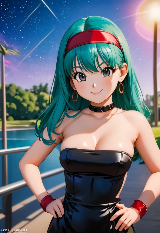 (Photo:1.3), highdetail, Bulla, 1girl, solo, aqua hair, red headband, solo, black dress, strapless, skin-tight dress, sexy poses, Smile, upper body. (acclaimed, alluring, captivating, exciting, gorgeous, striking:1.3), (trending on artstation:1.3), 2D illustration, high quality.