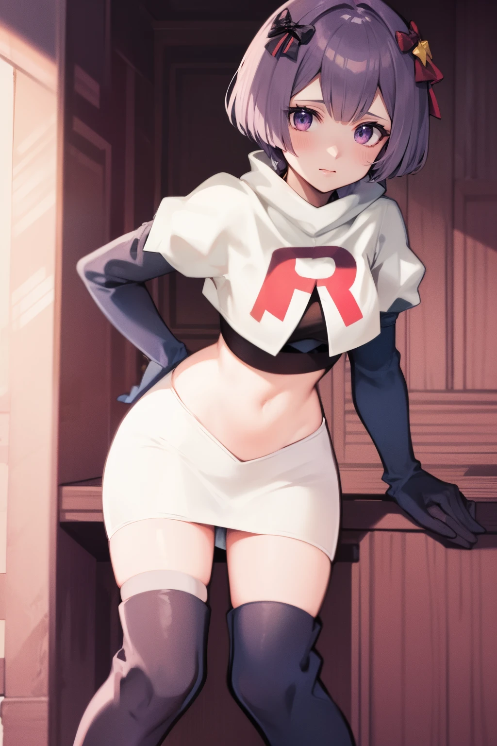 warBernie, hair bow, purple eyes, purple hair, team rocket uniform, red letter R, white skirt,white crop top,black thigh-high boots, black elbow gloves,