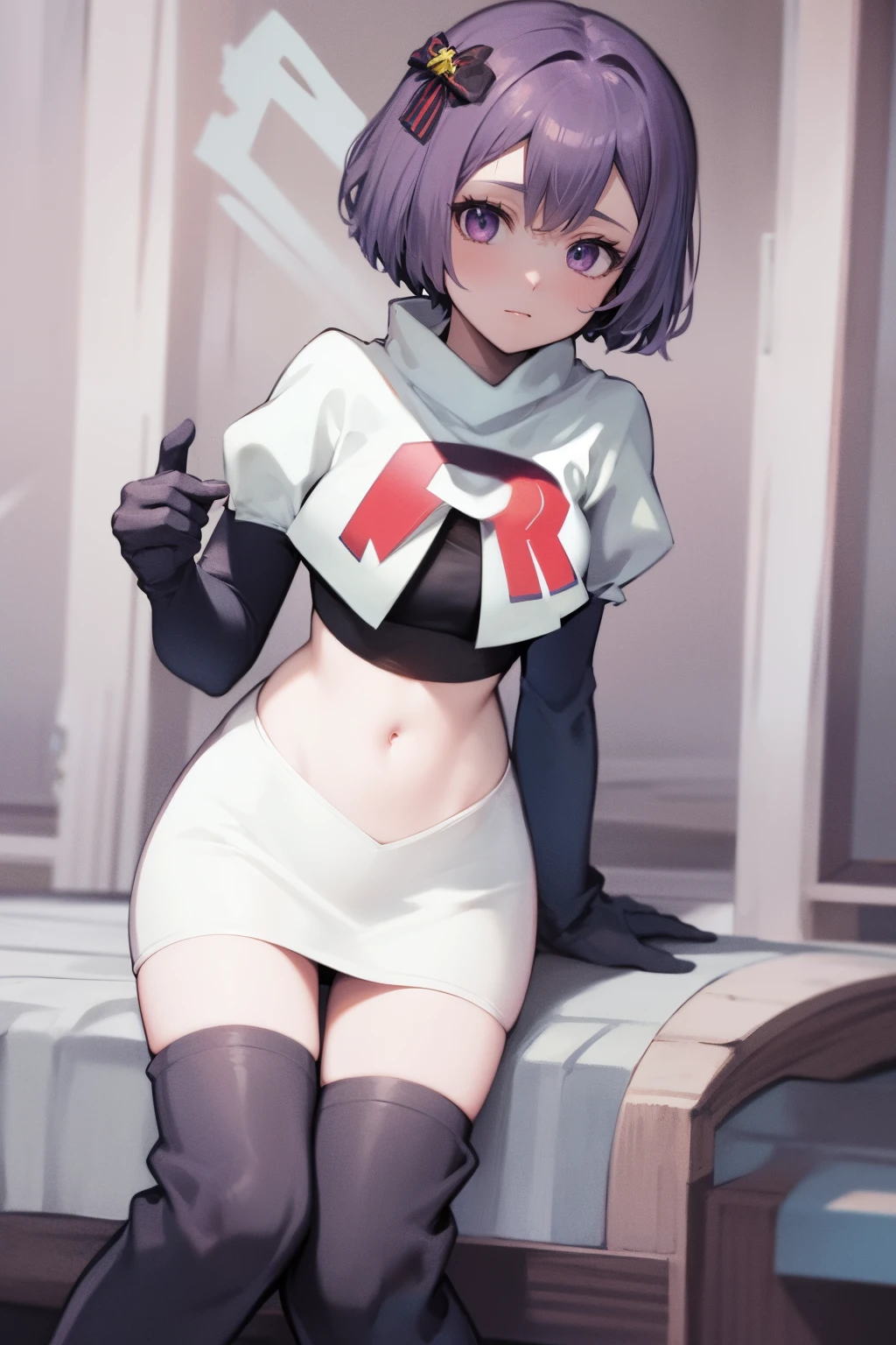warBernie, hair bow, purple eyes, purple hair, team rocket uniform, red letter R, white skirt,white crop top,black thigh-high boots, black elbow gloves,