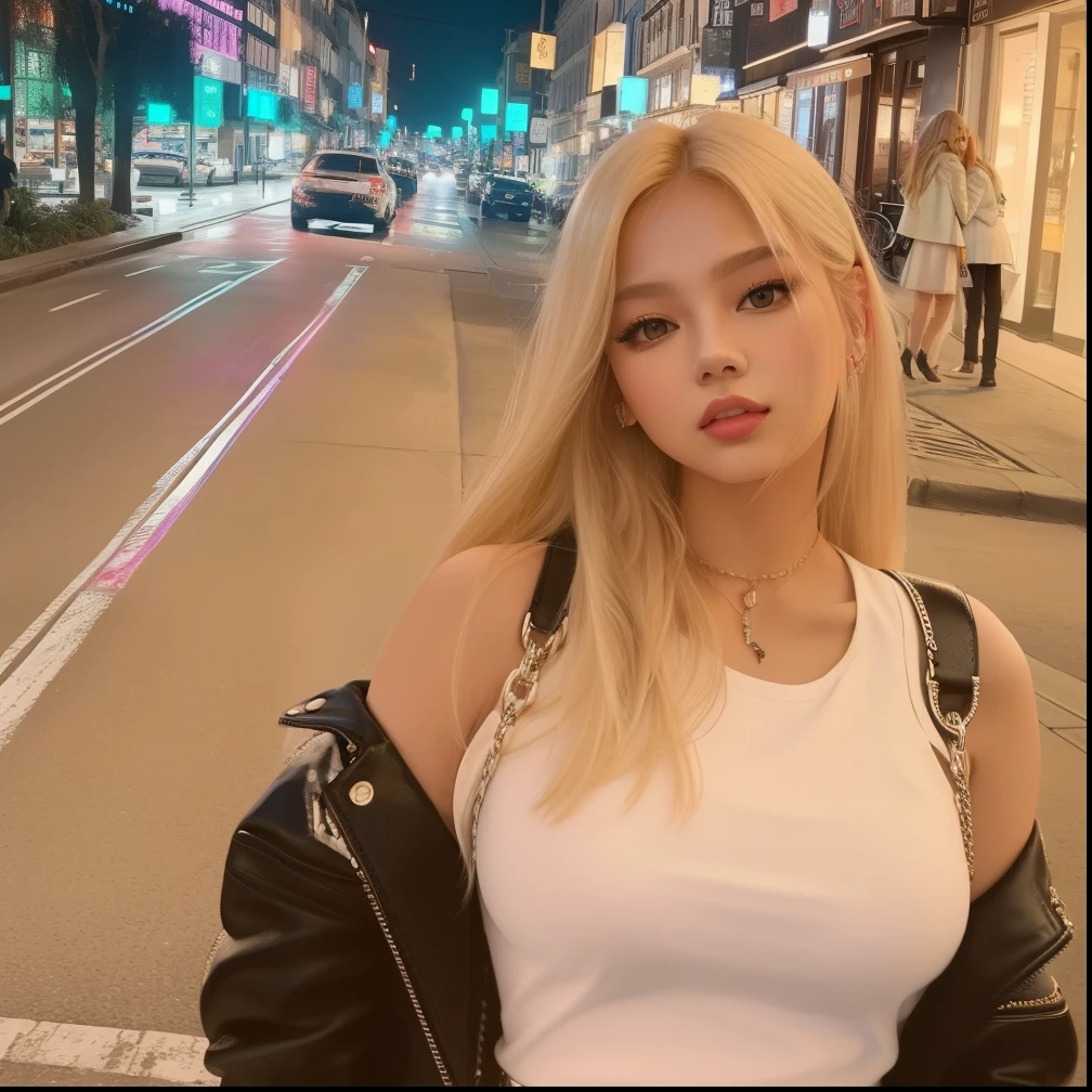 jennie blackpink blonde in white blouse and black leather jacket standing on the corner, imagem de perfil, menina perfeita de cabelos brancos, taken in the early 2020s, Angelina Stroganova, mulher sueca loira, Foto do perfil