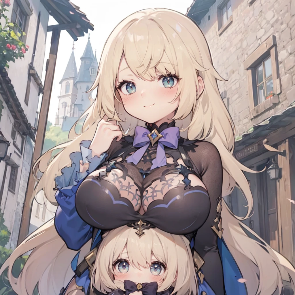 her breasts are on her head, putting her breasts on her head, a giant girl looking down at a smaller girl, a smaller girl in front of the breasts of giant girl, (2girls:1.8), princess, (height_difference:1.5), (size_difference:1.2), she is much bigger than her, she is much taller than her, medieval village background, poor wooden village, (giantess:1.3), navel, huge breasts, bow, smug, bare_skin, fischldef, (rear end:1.4), cute dress, (extremely detailed)
