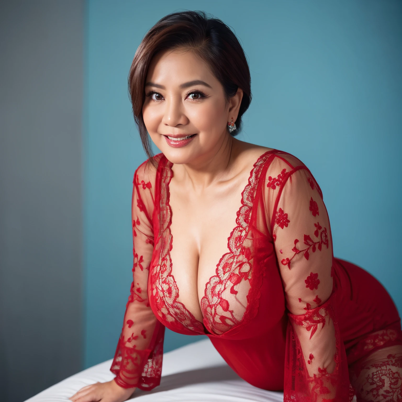 56 Years old, matured Indonesian Woman wearing lace red color pajamas portrait photography, mid shot photo, ultra detail, professional photograph with professional lighting, smile, light blue studio background, sexy seducing pose, curvy body, Gigantic Droopiest mature Tits, full body.