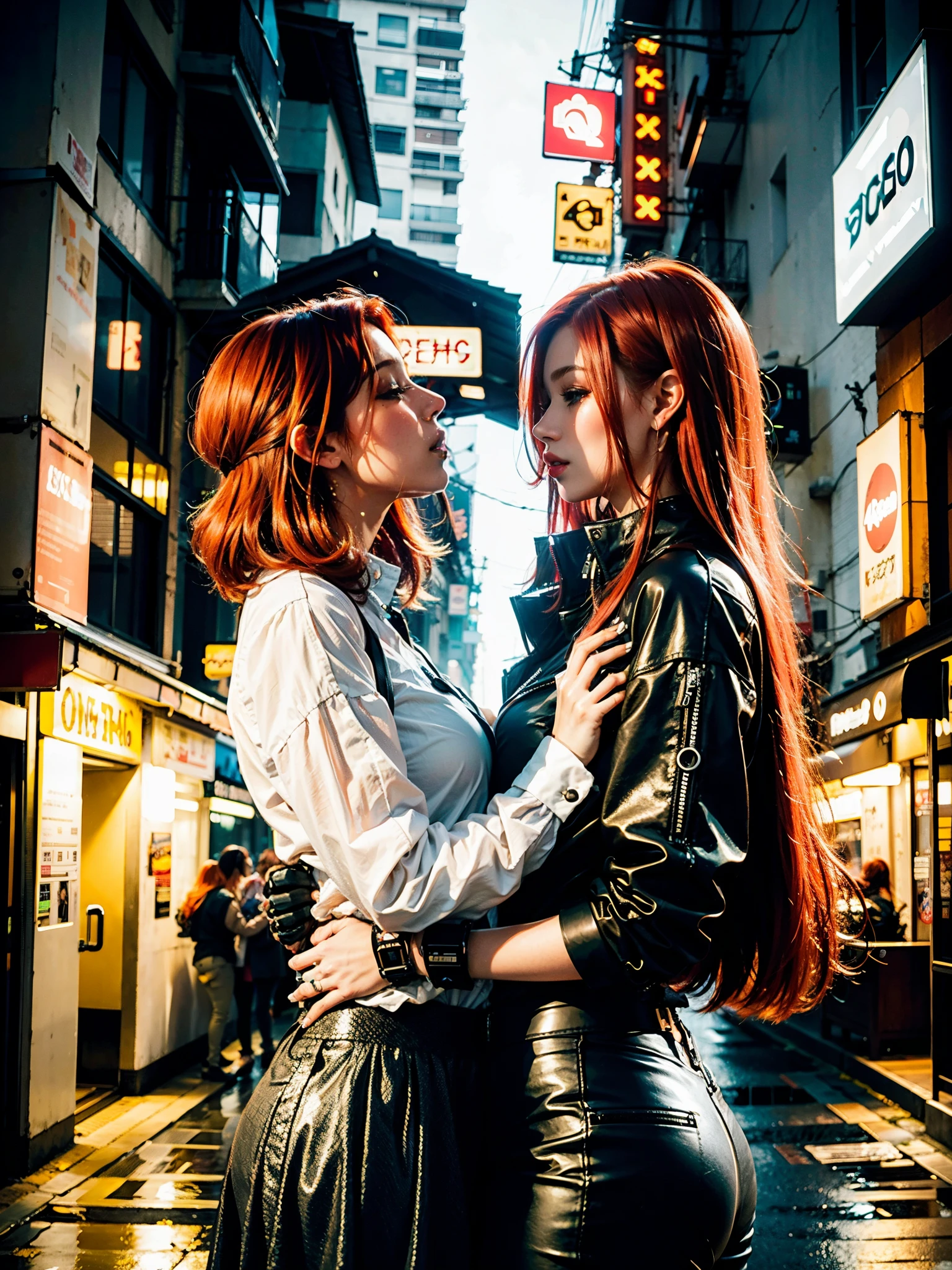 2 redheaded girls kissing, beijo apaixonado, cidade escura cyberpunk, chuva pesada, beco escuro, imagem perfeita, qualidade extrema