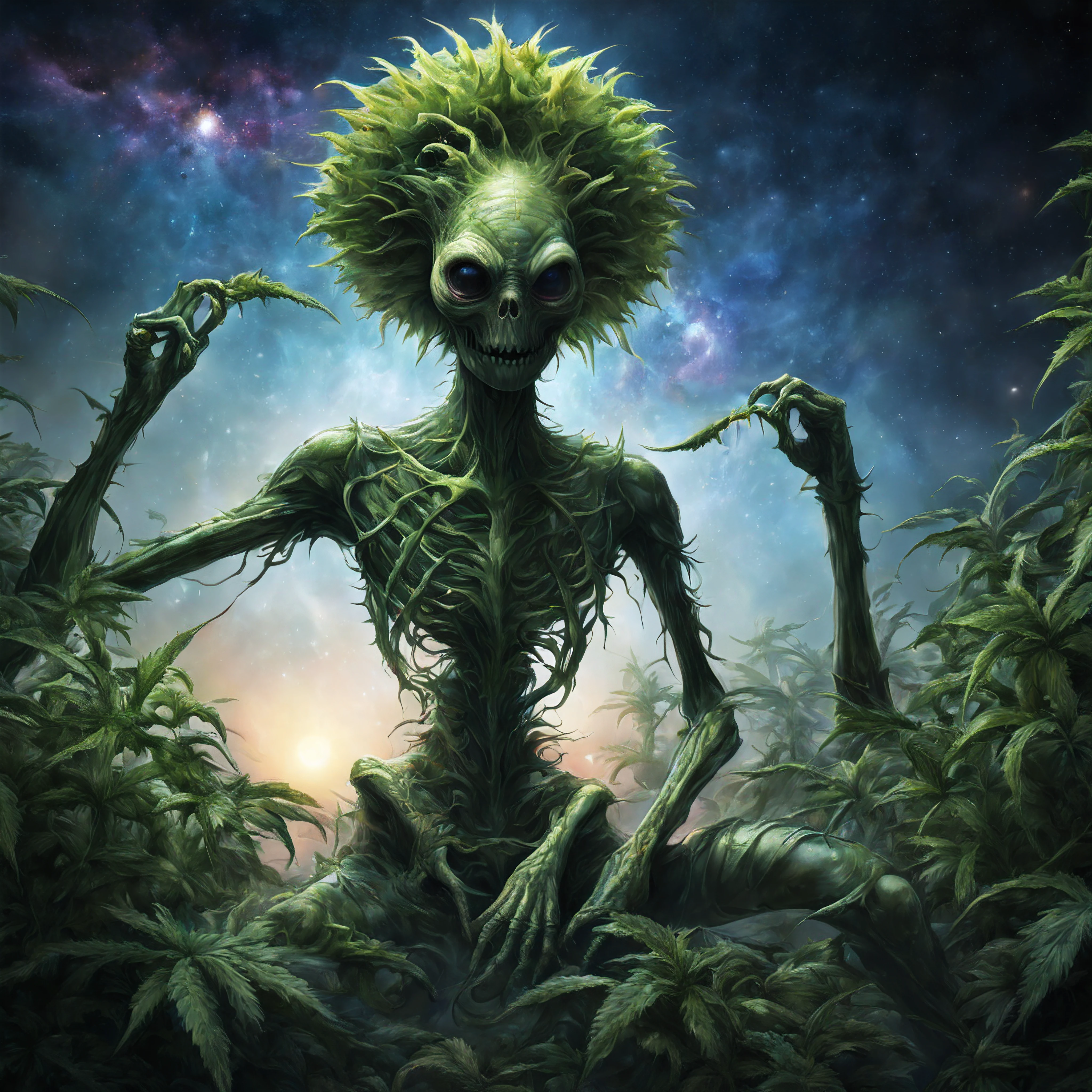 A realistic and futuristic biomechanical space alien discovers an inhospitable planet. It's very detailed and textured. We see the galaxy and a magnificent and textured light The Marijuana vines crept across their skin, tendrils worming into pores, twining around limbs. At first it was a tickle, a tease, marijuana leaves fluttering over flesh. But then the vines thickened, tightened, thorns digging in, not to draw blood but to anchor. They felt the marijuana pulse inside them giving them pure euphoria, cannabinoids polluting in their veins, marijuana crystals and resin start creeping into their bones. They watched looking at them selves as they sat in a room of mirrors what showed the image on every surface, immobilized with euphoria, as THC AND CBD seeped through their skin, etching rainbow like shadows. The last remains of their humanity withered as the marijuana wrapped them in marijuana flower and marijuana crystals, reducing them to pure euphoria. Soon there was no visible trace of the man, only a human-shaped mass of marijuana standing there.