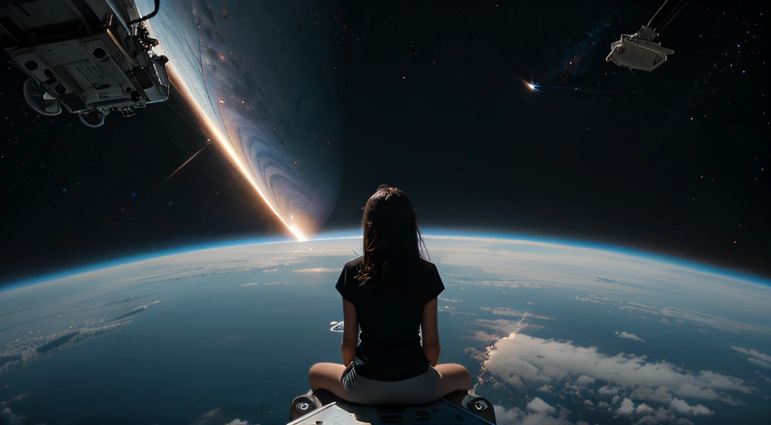girl sitting on the edge of a space elevator