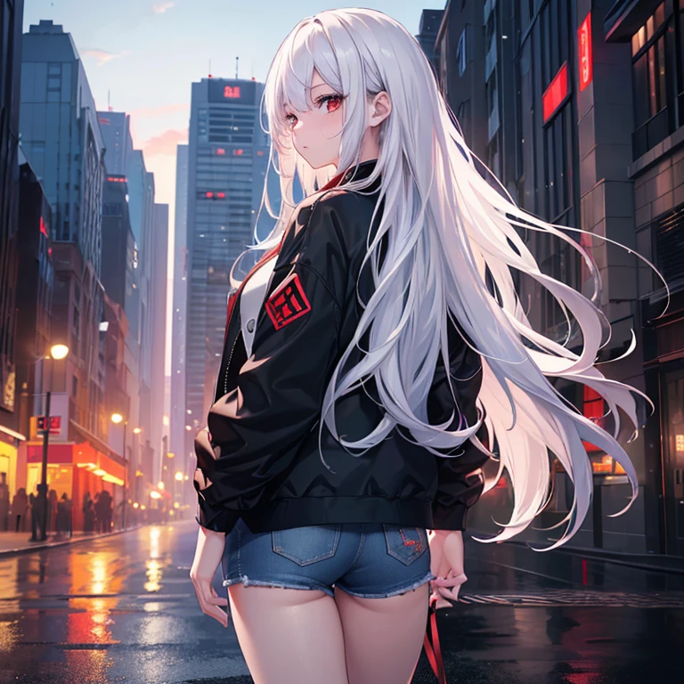 (best quality,4k,8k,highres,masterpiece:1.2),ultra-detailed,(realistic,photorealistic,photo-realistic:1.37),night,1girl,long white hair, red eyes, wearing plain black shirt, wearing red-black jacket, wearing denim shorts, city, looking , lighting