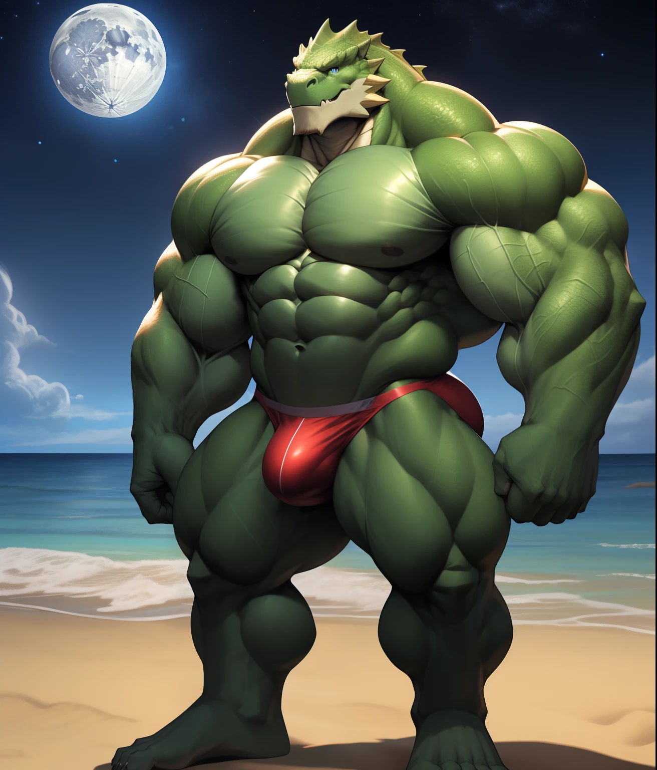 PRO competitive bodybuilder, nj5furry, (Múrloc, massive, huge, muscular), Múrloc, ((extremely realistic shadows, masterpiece, extremely detailed, photorealistic)), kemono, looking at the viewer, ((FRONT)), Múrloc, ((detailed face)) red nose, blue eyes, ((detailed eyes)), green skin, scales, height 2 meters high, the optimal height, tight clothing, 190 kg, body full of huge muscles; muscle and bulge pecs, ripped abs, V-shaped body, thick waist, long legs, strong arms manly, handsome face, attractive cool calm face type with a kindsmile, topless. Beach, night, moon, moon rays, nebula; bulge in the crotch, wears a thong that reveals huge, muscular thighs, bulge biceps, looking at viewer. (((wearing a thong))) A muscle bodybuilder in the making. A potential PRO competitive bodybuilder and bulged neck.