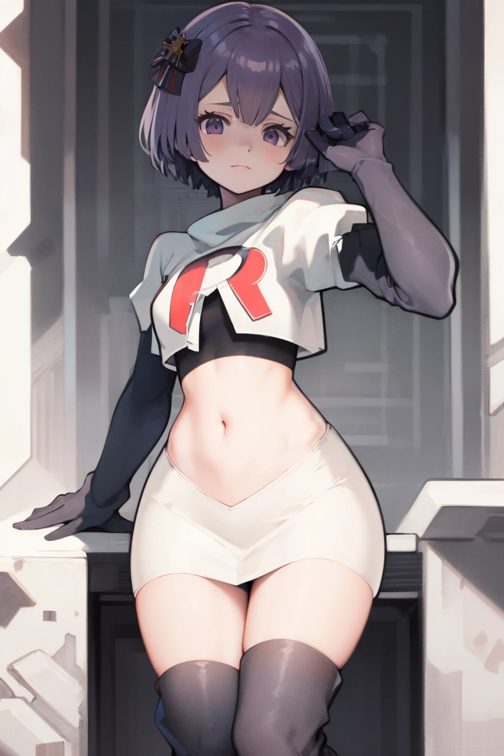 courtney, 1girl, solo, breasts, looking at viewer, short hair, bangs, simple background, white background, purple eyes, purple hair, horns, eyelashes, fake horns, horned headwear, team rocket,team rocket uniform, red letter R, white skirt,white crop top,black thigh-highs,black elbow gloves,