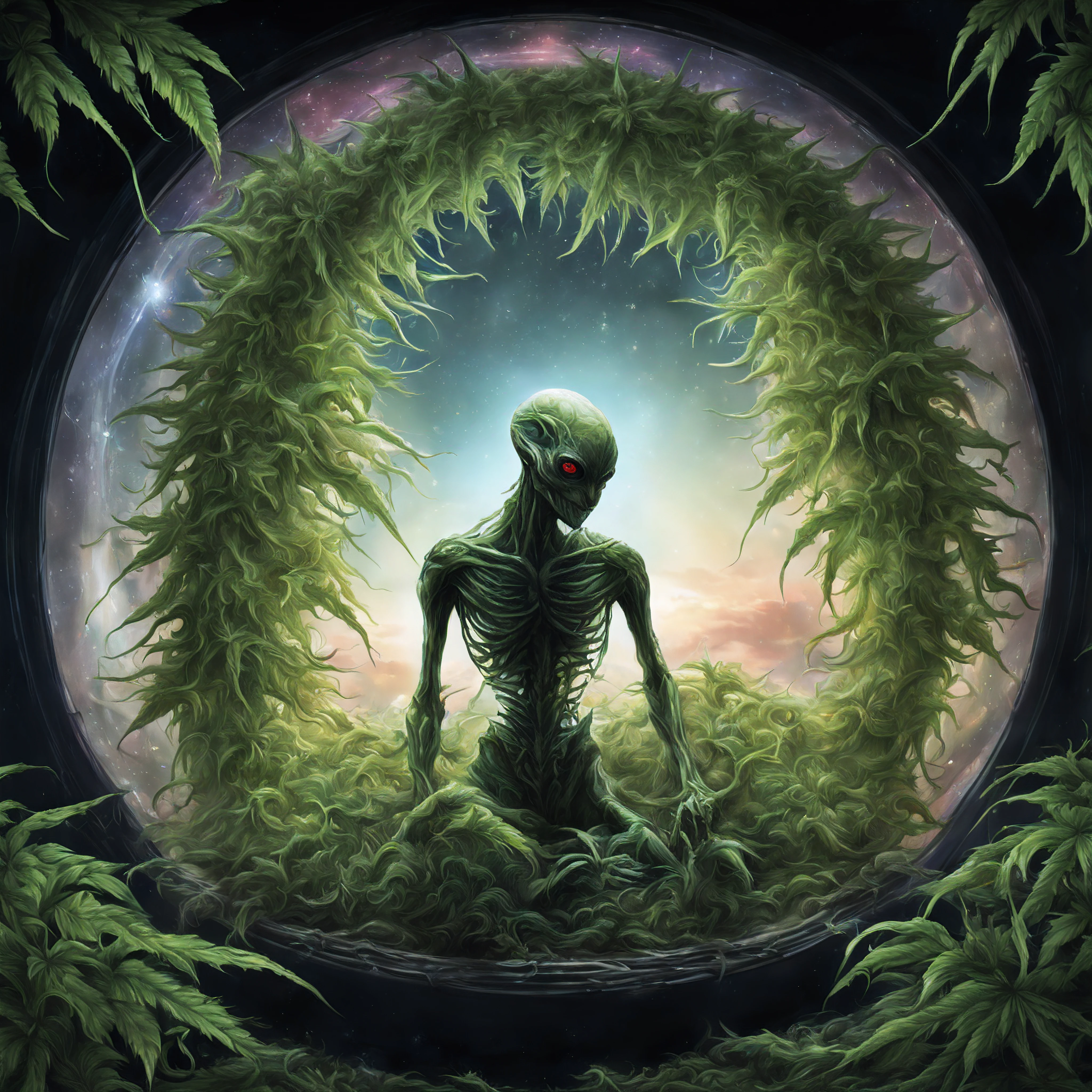A realistic and futuristic biomechanical space alien discovers an inhospitable planet. It's very detailed and textured. We see the galaxy and a magnificent sunset The Marijuana vines crept across their skin, tendrils worming into pores, twining around limbs. At first it was a tickle, a tease, marijuana leaves fluttering over flesh. But then the vines thickened, tightened, thorns digging in, not to draw blood but to anchor. They felt the marijuana pulse inside them giving them pure euphoria, cannabinoids polluting in their veins, marijuana crystals and resin start creeping into their bones. They watched looking at them selves as they sat in a room of mirrors what showed the image on every surface, immobilized with euphoria, as THC AND CBD seeped through their skin, etching rainbow like shadows. The last remains of their humanity withered as the marijuana wrapped them in marijuana flower and marijuana crystals, reducing them to pure euphoria. Soon there was no visible trace of the man, only a human-shaped mass of marijuana standing there.