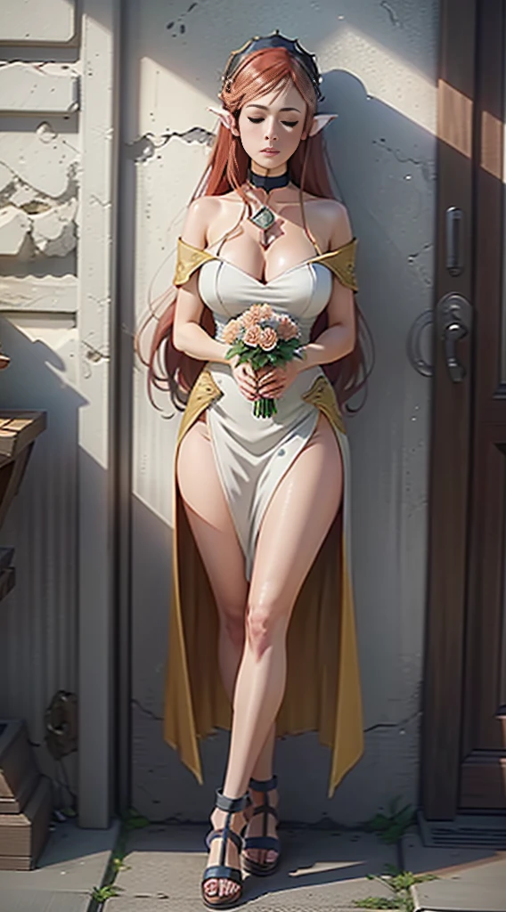 SLEEPING straight symmetrical, sleeping on bed, full body, solo girl looking to the camera, cow bell choker, metal sandals, anime girl with red hair and white dress holding a bouquet, beautiful celestial wizard milf female, beautiful character painting, extremely detailed artgerm, beautiful and elegant elf queen, wlop rossdraws, 8k high quality detailed art, fantasy art style, anime fantasy illustration, by Yang J, detailed fantasy art, fanart best artstation, wlop and rossdraws, big breast, red long hair