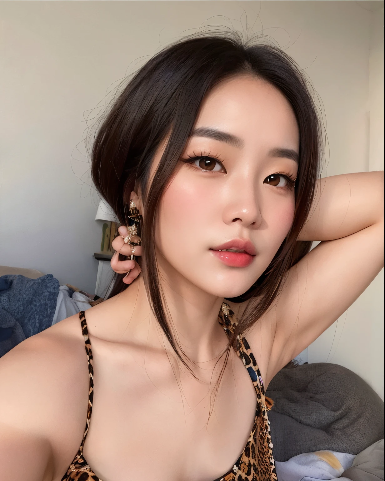 There's a woman who's posing for a picture in a leopard print top, Mulher sul-coreana bonita, dilraba dilmurat, Beautiful Asian girl, young cute wan asian face, linda mulher coreana jovem, an Asian woman, a young asian woman, asian beautiful face, mulher coreana jovem bonita, Xision Wu, Beautiful Asian woman, Asian face, coreana