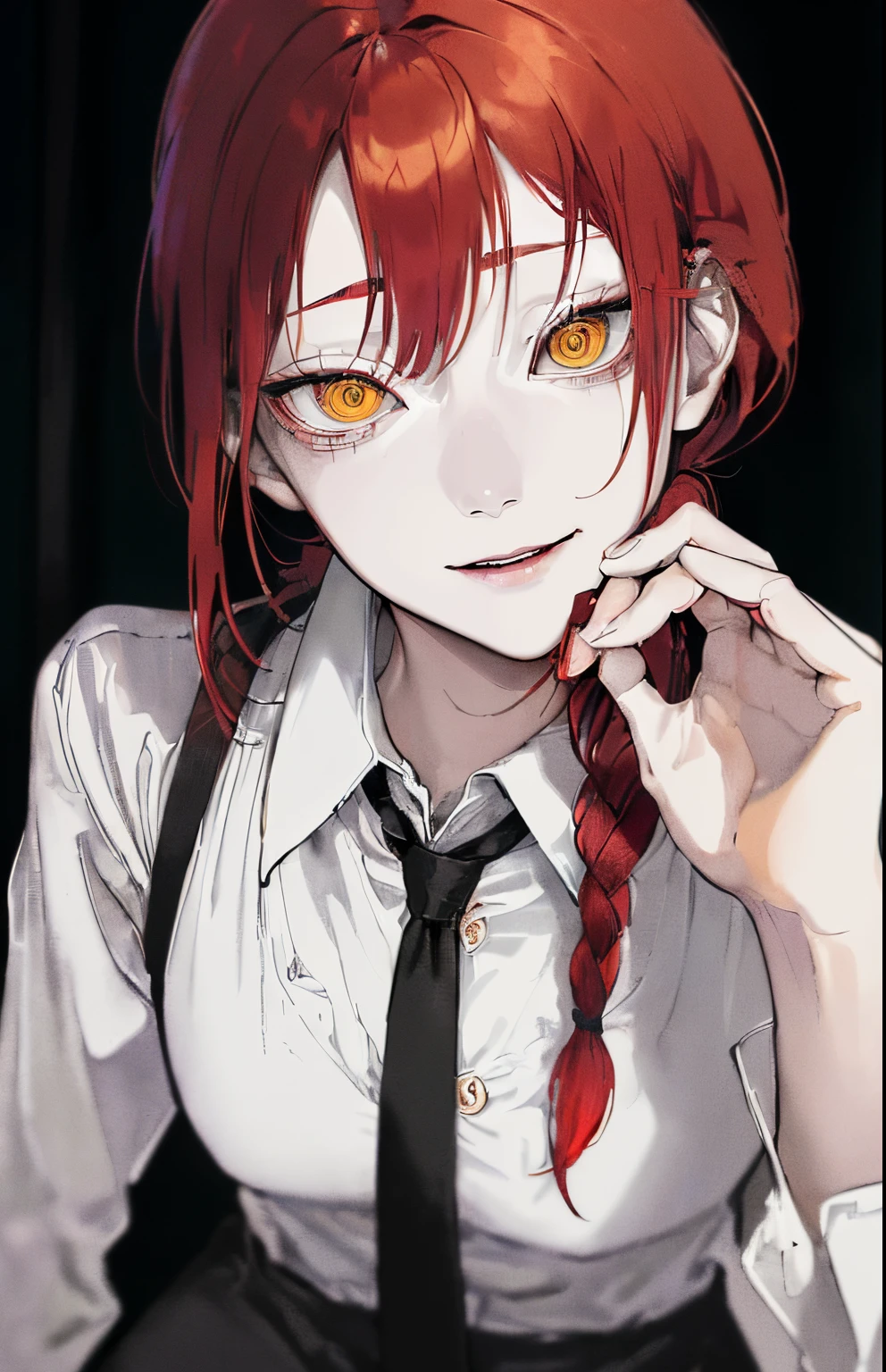 Masterpiece, (((Image Macro Details))), realistic face, Best Quality, creepy smile, Horror, gloom, Epic, ghotic, Demon, Beautiful lighting, makima \(chainsaw man\), (red hair)+(hairlong, Braided in one braid)+(Bangs), Yellow eyes, golden eyes, (ringed eyes), (white  shirt), (tie), Depth of field, 8K UHD, Film grain