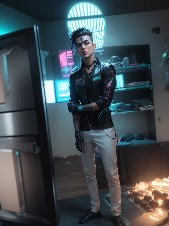 Change background cyberpunk handsome boy ultra realistic with cat --v 4