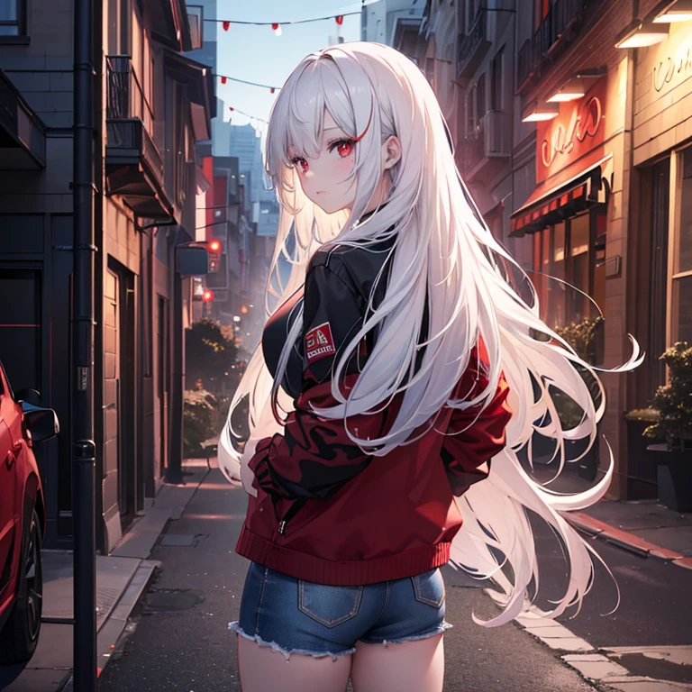 (best quality,4k,8k,highres,masterpiece:1.2),ultra-detailed,(realistic,photorealistic,photo-realistic:1.37),night,1girl,long white hair, red eyes, wearing plain black shirt, wearing red-black jacket, wearing denim shorts, city, looking from behind, lighting