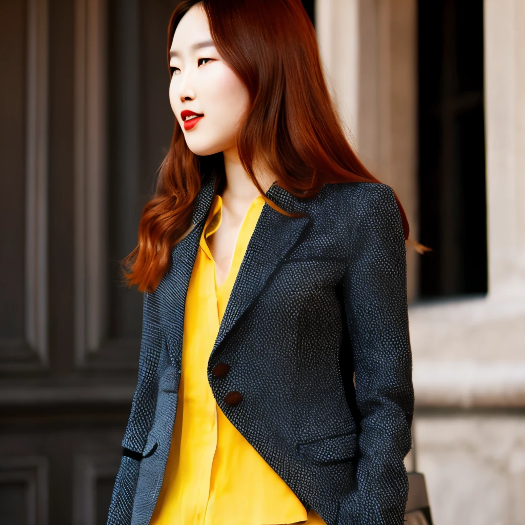 Ginger woman wearing a Vermillion blazer and a yellow undershirt