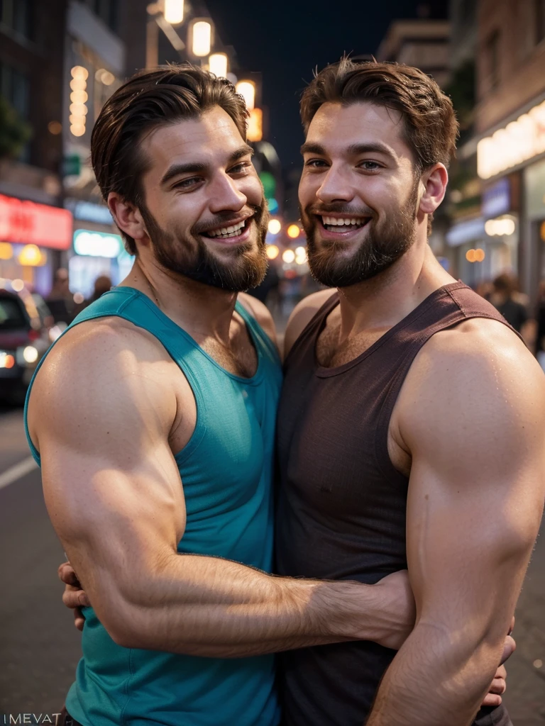2 hairy handsome men in the city, laughing, medium beard, ultra-realistic, dusk, ambient light, amateur photography, candid shot, wearing tight colorful tank tops, muscular