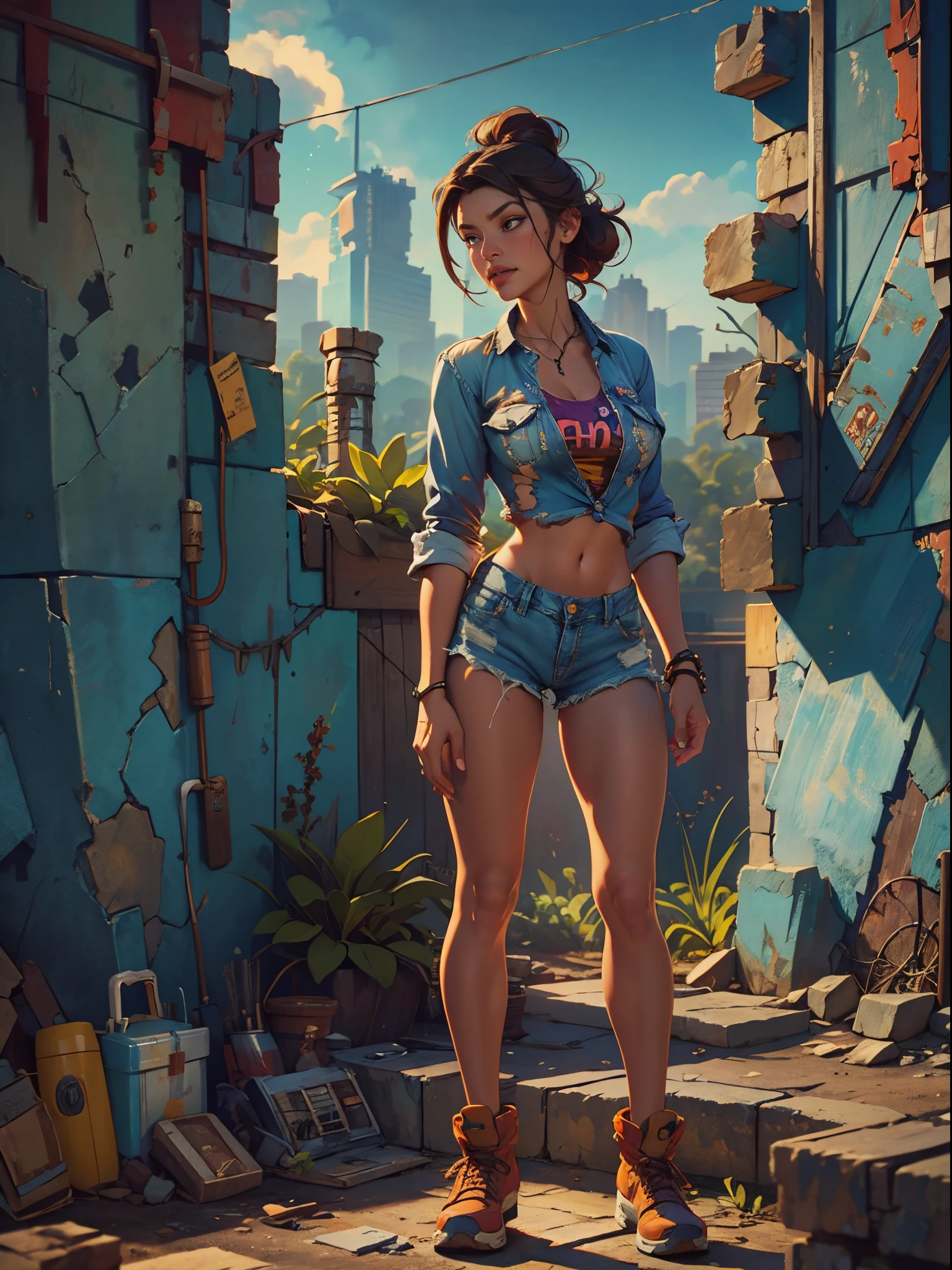 2076 year. The Urban Ruins of the Wasteland, Female huntress picking fruit in the garden, beautiful face, torn shirt and denim shorts , long legs, sweating through, sun rising, Nice warm colors, head to toe full body shot