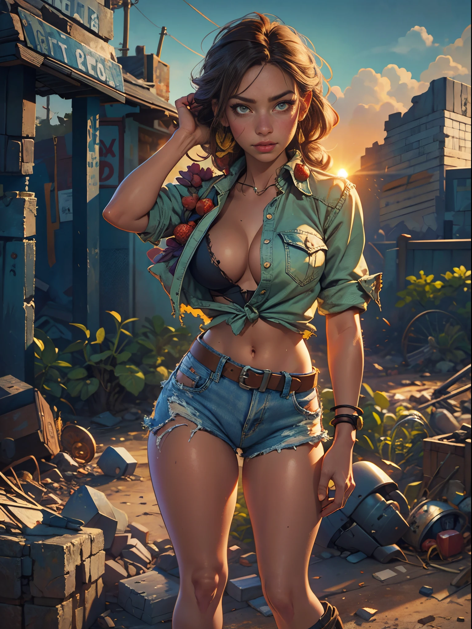 2076 year. The Urban Ruins of the Wasteland, Female huntress picking fruit in the garden, beautiful face, torn shirt and denim shorts , long legs, sweating through, sun rising, Nice warm colors, head to toe full body shot