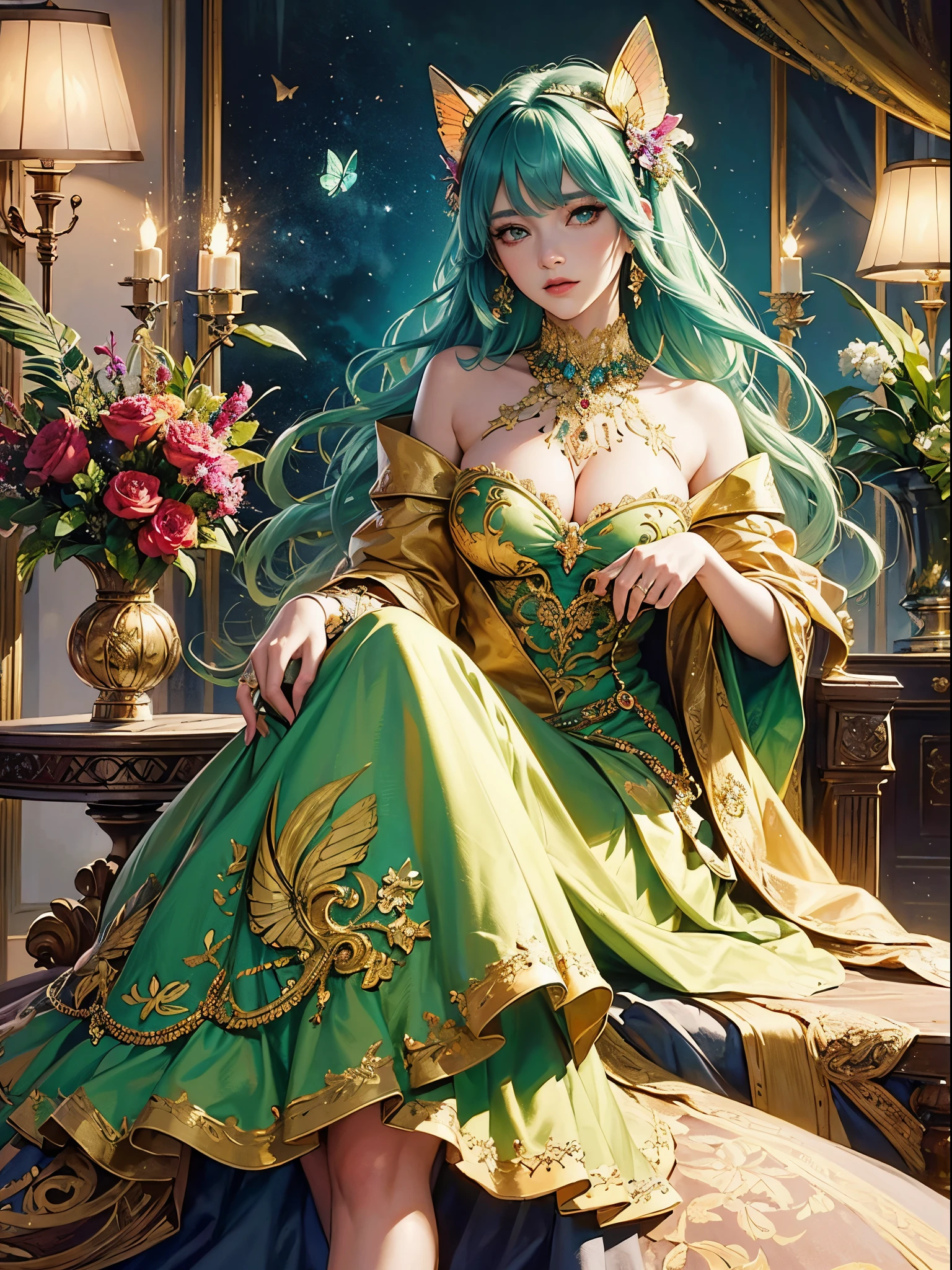 Butterfly motif、green and red tones、Vibrant colors、((masterpiece)))、(((top-quality)))、((ultra-detailliert))、(A hyper-realistic)、(highly detailed CGillustration)、Official art、Brussels at the beginning of the 20th century、Decadent、Madame Papillon、Cool Beauty、Masquerade、refinement、Elegance、Gorgeous、Colorful and detailed mask design、matchless beauty、Fans、gorgeous dress、jewely、Female Solo、Perfect Angle、perfect-composition、