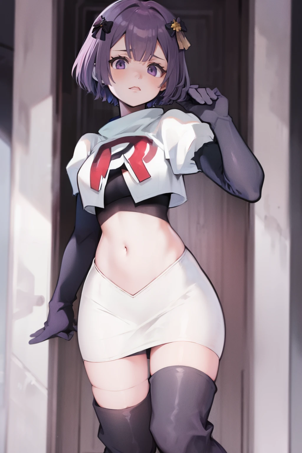 fubuki, fubuki, black hair, (green eyes:1.5), short hair,
BREAK jewelry, team rocket,team rocket uniform,white skirt,red letter R,crop top,black thigh-highs,black elbow gloves,
BREAK looking at viewer,
BREAK (masterpiece:1.2), best quality, high resolution, unity 8k wallpaper, (illustration:0.8), (beautiful detailed eyes:1.6), extremely detailed face, perfect lighting, extremely detailed CG, (perfect hands, perfect anatomy),