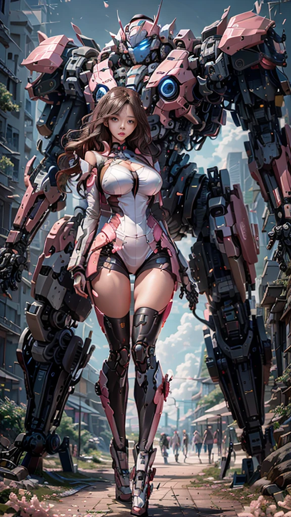 Woman body definition thick thigh cybernetic body parts, not showing big breasts, mecha wind, exposed face, cherry blossom pink