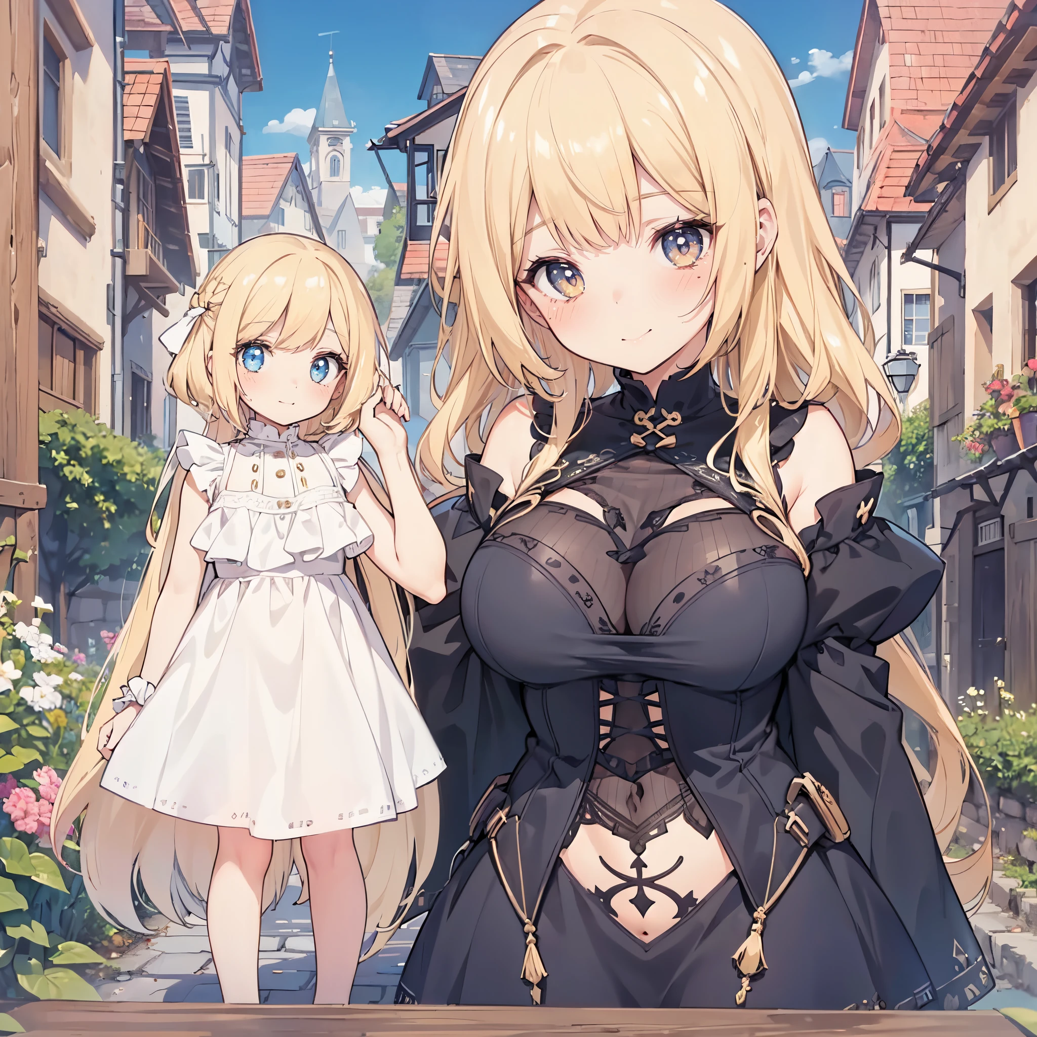 a giant girl looking down at a smaller girl, a smaller girl in front of the breasts of giant girl, (2girls:1.8), princess, (height_difference:1.5), (size_difference:1.2), she is much bigger than her, she is much taller than her, medieval village background, poor wooden village,  (giantess:1.3), navel, huge breasts, bow, smug, bare_skin, fischldef, (rear end:1.4), cute dress, (extremely detailed)