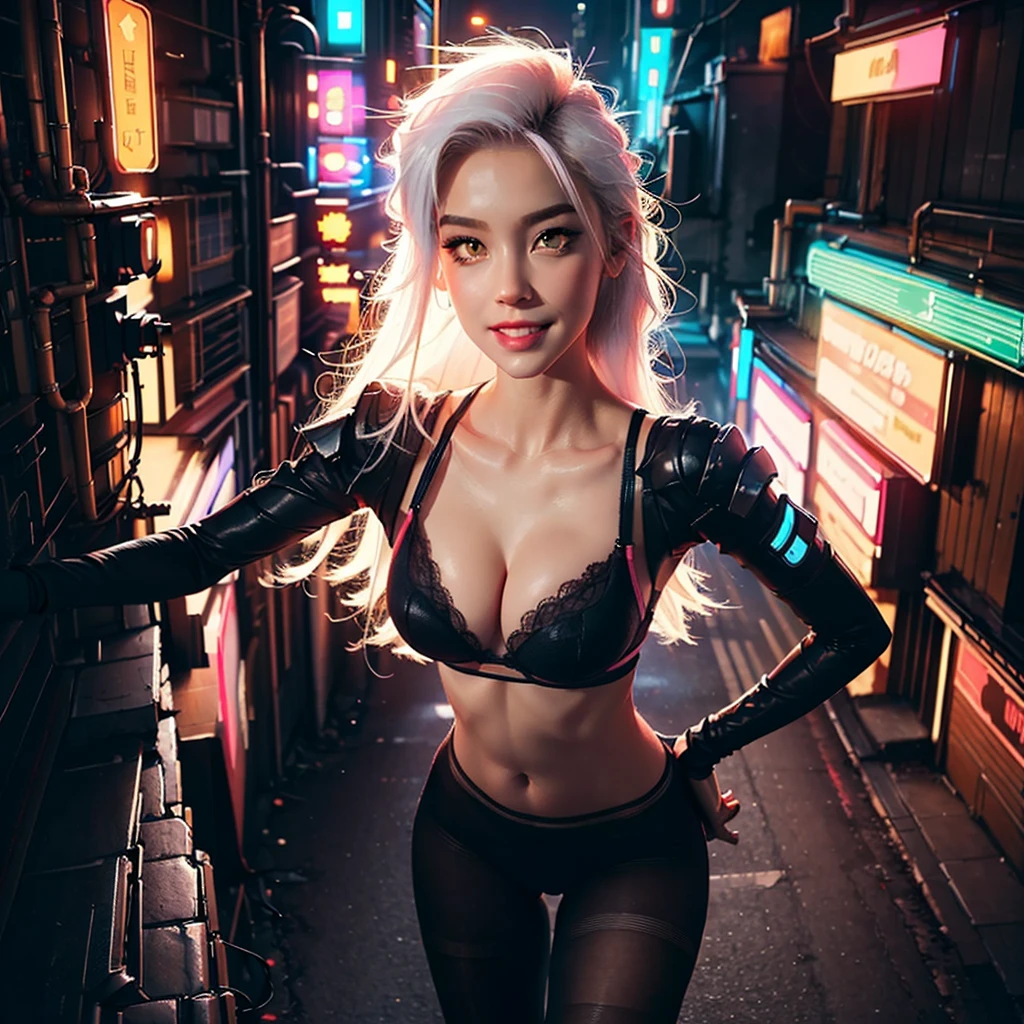 Pretty, Woman, Sexy face, Yellow eyes, White hair, Slim body, sexy smile, Sexy Pose (breast), Pink tights, long legs walking forward, mechs, Neon sign, Led Night City, Seen from above, High quality, Realistic, Beautiful light, full detail, Black background
