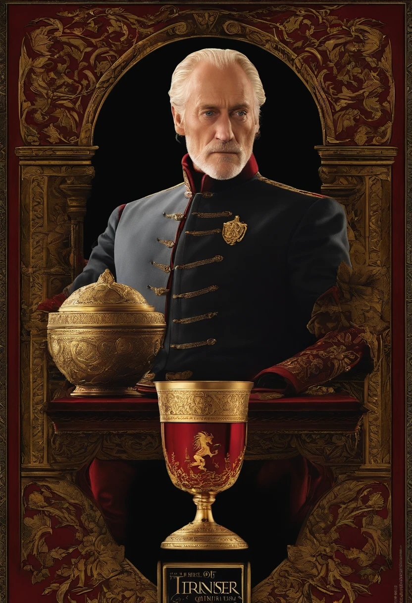 A glass of expensive red wine with the Lannister family crest etched on the goblet,Game of Thrones,Tywin is tall with receding blonde/grey hair, green eyes, grim expression, wears red and gold, famously portrayed by Charles Dance, male