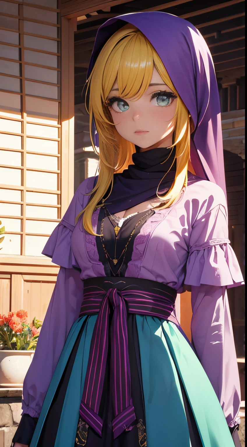 (best quality,4k,8k,Altas,master part:1.2),ultra-detalhado,Realistic,Beautiful girl,hijabi,vestido verde,Olhos detalhados, Detailed lips,Rosto extremamente detalhado,long eyeslashes,fundo do jardim,cores laranja,cores verdes claras,cores roxas,lilac colors,cores amarelas,cores azuis claras.