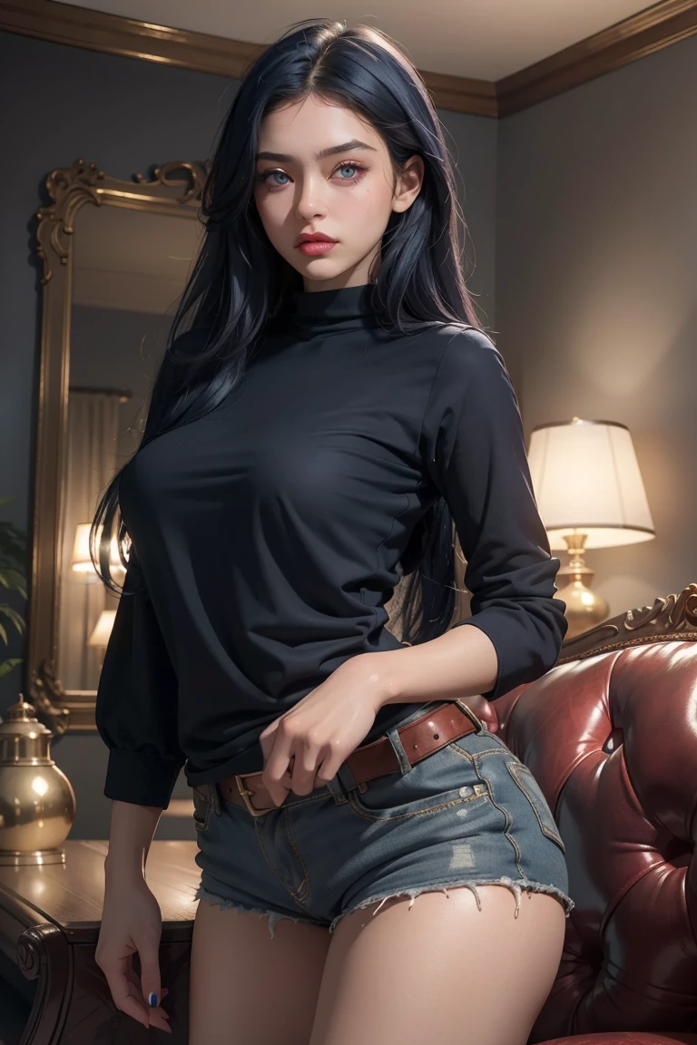 (masterpiece:1.2), (best quality:1.2), close up, hyper realistic,highestres,absurdres,extremely detailed,volumetic,dramatic lighting, 1girl,detailed eyes,face, ((leaning, sensual)),a most beautiful boring woman with long dark blue hair, (dark blue hair), (blue glowing eyes), Wearing a disproportionately long shirt and mini shorts, Posing for photos on a sofa in a beautiful room, pops of color, trending on pinterest, Tumblr, 3d, character design, dynamic, gorgeous, cute face, femme fatale, sensual, niji expressive style, 2d render, 4k, highly detailed, cute cool, boring expression, photoshoot , accurate hands, realistic hands, side lighting,
