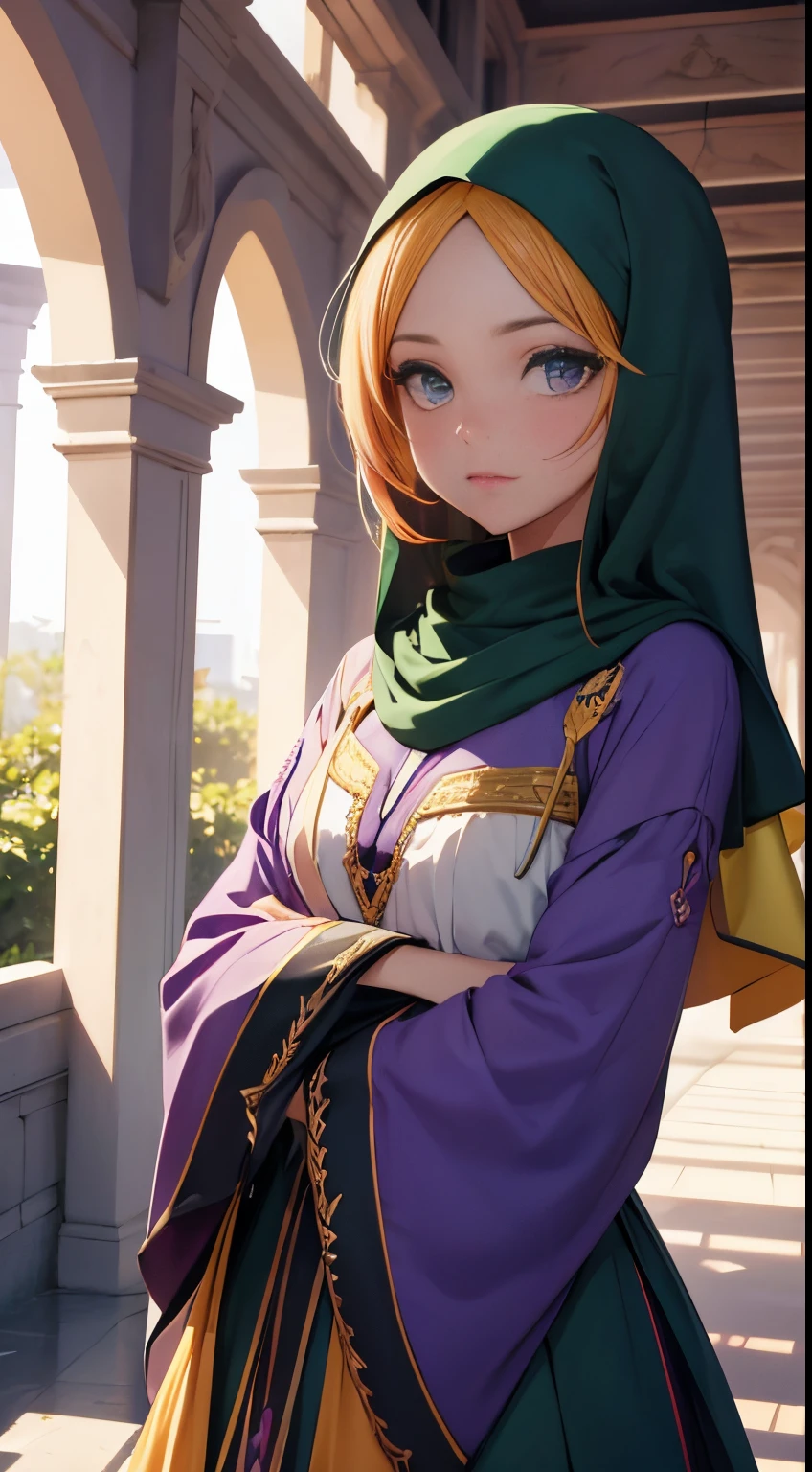 (best quality,4k,8k,Altas,master part:1.2),ultra-detalhado,Realistic,Beautiful girl,hijabi,vestido verde,Olhos detalhados, Detailed lips,Rosto extremamente detalhado,long eyeslashes,fundo do jardim,cores laranja,cores verdes claras,cores roxas,lilac colors,cores amarelas,cores azuis claras.