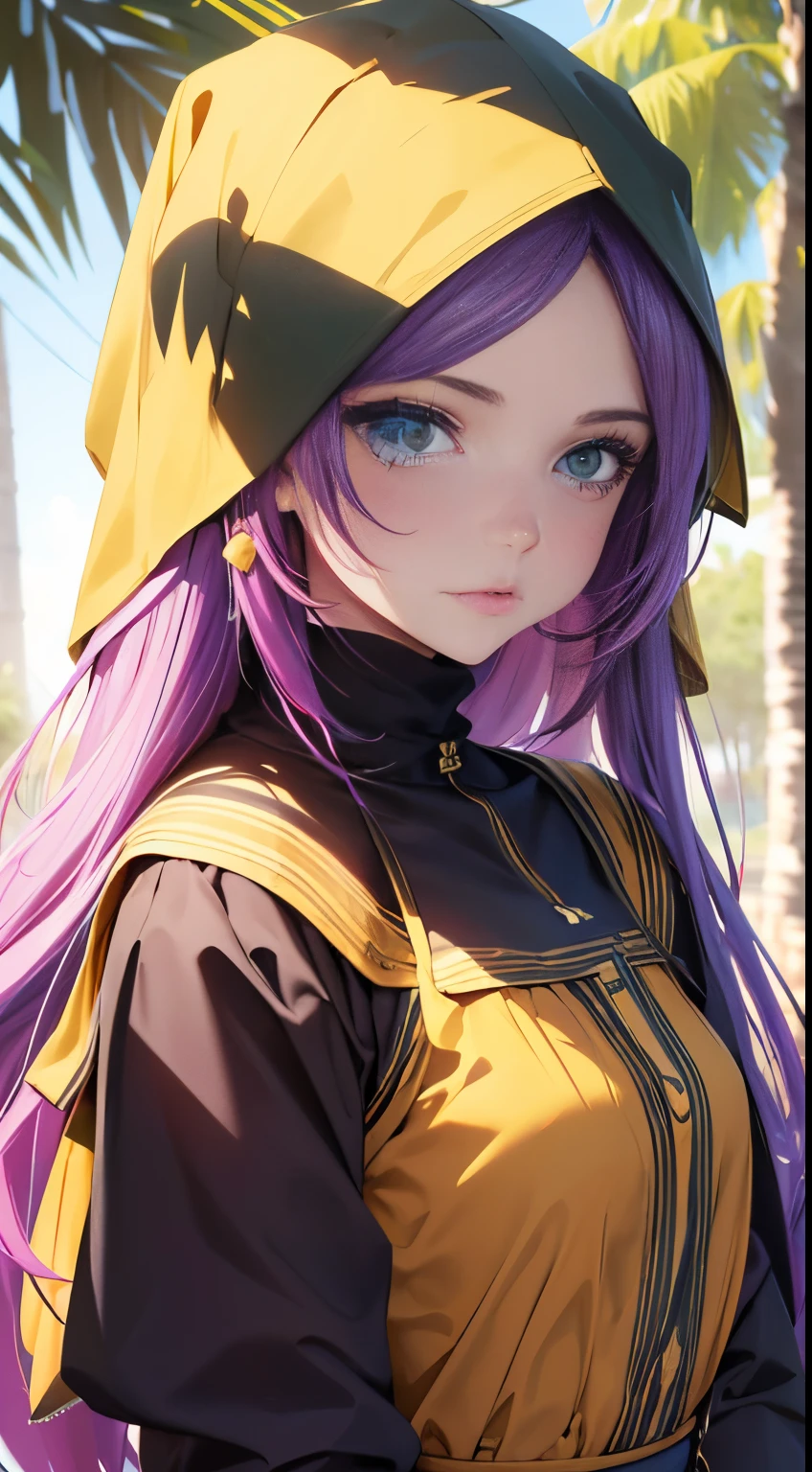 cleavage, (best quality,4k,8k,Altas,master part:1.2),ultra-detalhado,Realistic,Beautiful girl,hijabi,vestido verde,Olhos detalhados, Detailed lips,Rosto extremamente detalhado,long eyeslashes,fundo do jardim,cores laranja,cores verdes claras,cores roxas,lilac colors,cores amarelas,cores azuis claras.