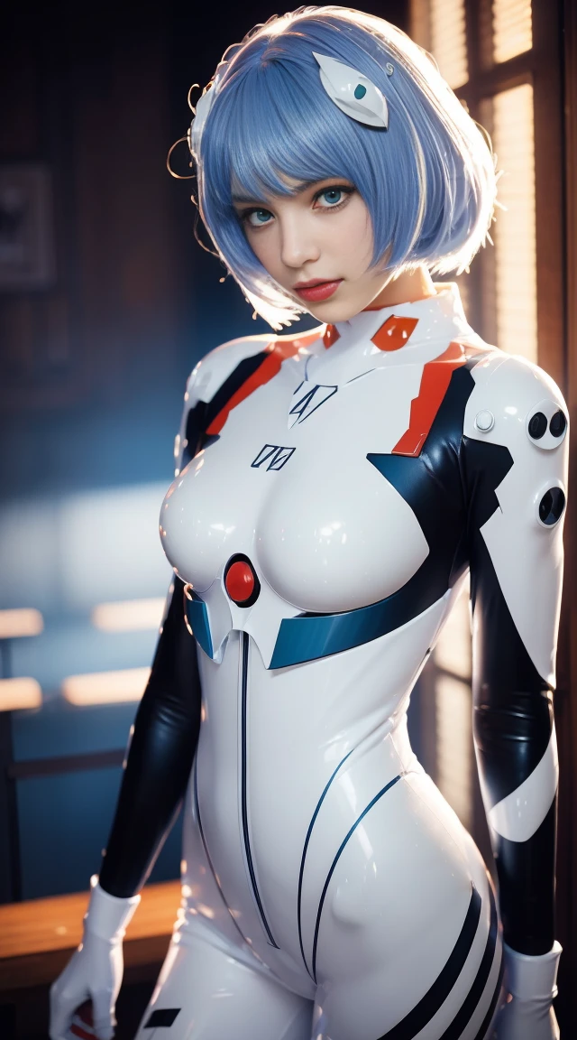 (Best quality, On a table, Colorful, dynamic angle, highest details)(ayanami rei), Denim style, Fashion photo of a girl with sexy blue bob hair (ayanami rei), detailed red eyes, Shin Evangelion&#39;White suit details (high resolution texture), dynamicposes, bokeh, (Complicated details, hyper-detailing:1.15), Detailed pubic hair, Sunlight shines through the hair, Colorful splash art background, (hight contrast, Neon Genesis Evangelion New Theatrical Version Official Art Picture, The content is very detailed, highest details),