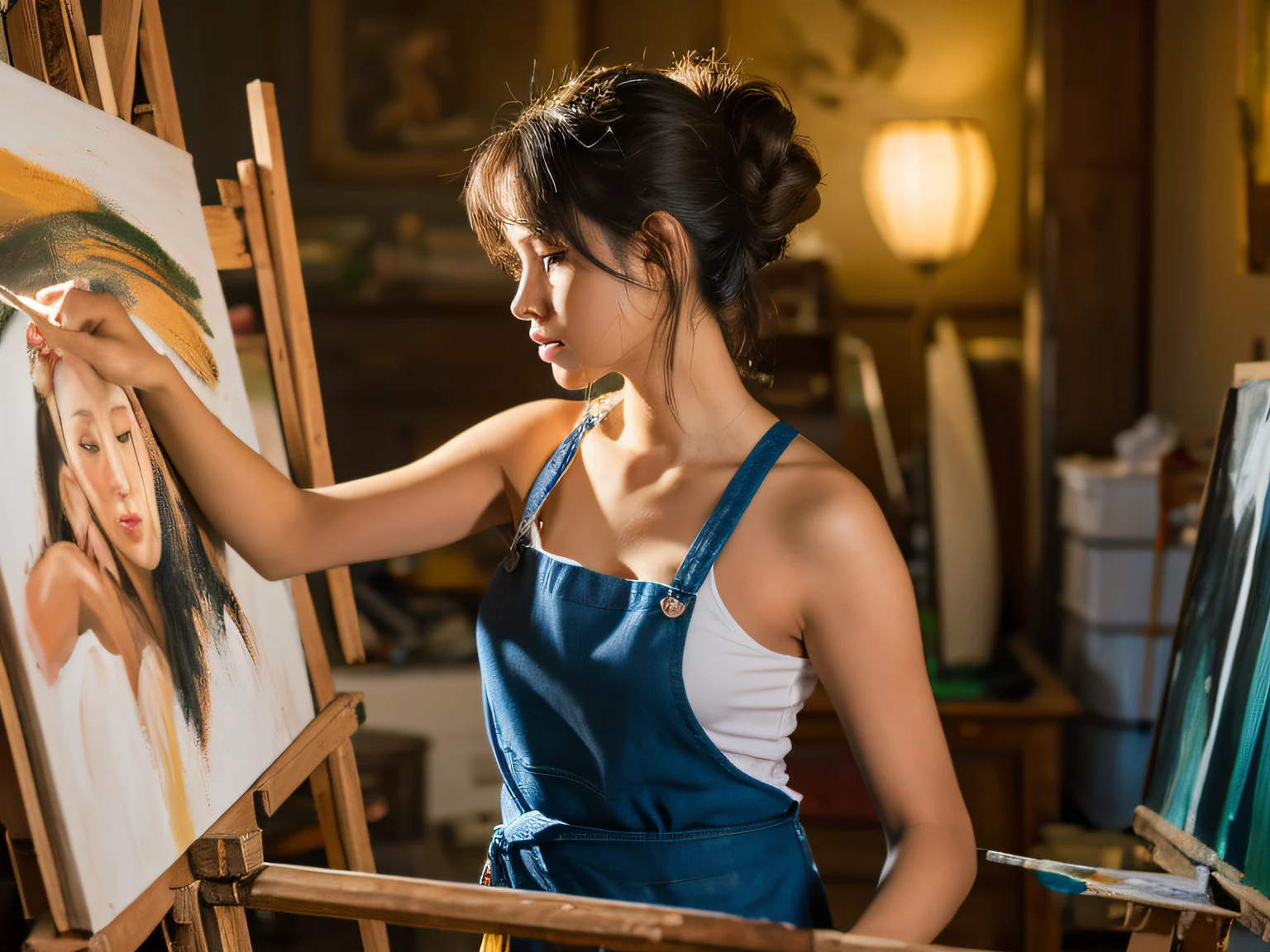 (Beautiful nude model posing provocatively, A painter is creating an oil painting in the studio) (Best Quality, hight resolution, Ultra-detailed), (Photorealistic:1.37) Creating an oil painting, Bird's-eye view, creative atmosphere, Vibrant colors, Realistic texture, Exquisite brushwork (Da Vinci-like stroke:1.1), (impressionistic:0.9) Luminous lighting, Soft shadows, Natural light coming in through large windows, The spotlight emphasizes the curves of the model.、Inspired by an artist who is completely obsessed with his work, Apron with paint splatters, Model with long hair and seductive gaze holding palette and brush in hand, Sensually draped in luxurious fabrics, Intricate details that capture the model's graceful pose to stimulate the viewer's gaze., Delicate features, Smooth skin and thoughtful expression on the painter's face, Observe every contour of the model、Capture the essence of her beauty on canvas surrounding art supplies and unfinished artwork。, Revealing the artist's creative process and dedication to his craft、The overall scene is reminiscent of classic Renaissance paintings, Introducing the timeless beauty of art and the human form