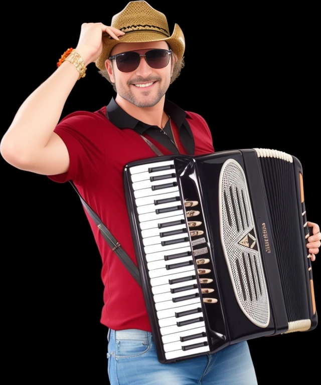 man with cowboy hat and sunglasses holding an accordion, at carnival with a pierrot and a colombina, imagem de alta qualidade