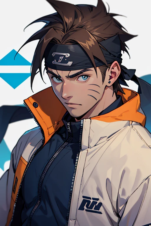 A European looking guy with messy straight brown hair. Handsome. High quality picture. With Naruto band. With konoha symbol on headband. Blue clothes. 4K quality.