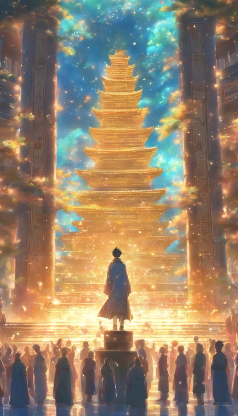 A teenager standing in front of the crowd, Holding a table with five million contribution points written on it, Surrounded by kneeling elders, In the background is a majestic palace, ,32K, Best quality, Masterpiece, Super detail, High details, By Makoto Shinkai ,in the style of the stars art group xing xing, --niji 5"