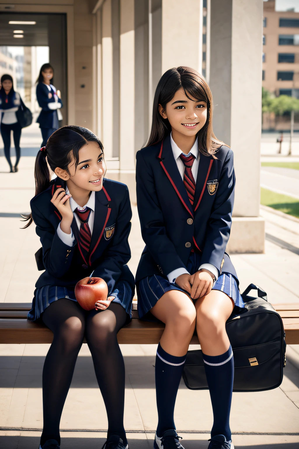 Dois adolescentes de anos, wearing school uniform are in the school hallway talking sitting on a bench, one has a school bag and the other is eating an apple, They're smiling