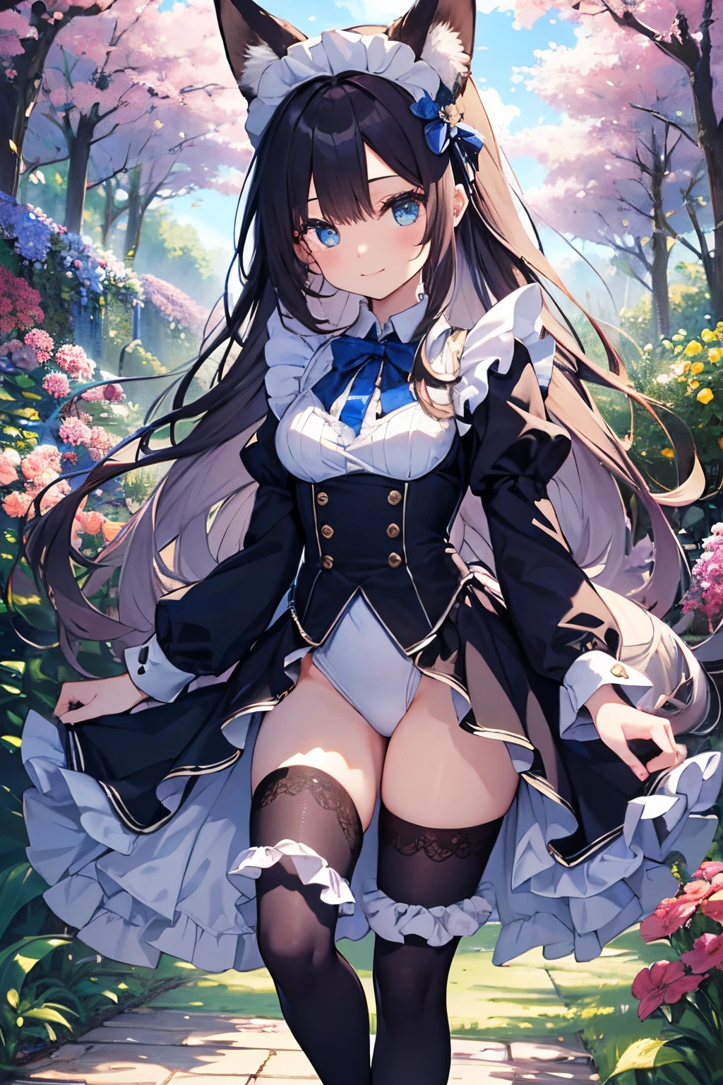 ((2D beautiful girl:1.5、top-quality:1.5、Perfect fingers:1.1、perfect anatomia:1.1、Dress perfectly、Beautiful illustration))、cute petit girl、(transform sequence)、((blue maid style leotard))、 old、elementr beautiful girl、Fractal Art、baby-face、((stright long ))、beul detailed eyes、A smile、Full Body Display、Western-style garden、(1 persons)、long-sleeve、landscaped gardens、(knee high socks)、is standing、(highleg)、Fox ears、