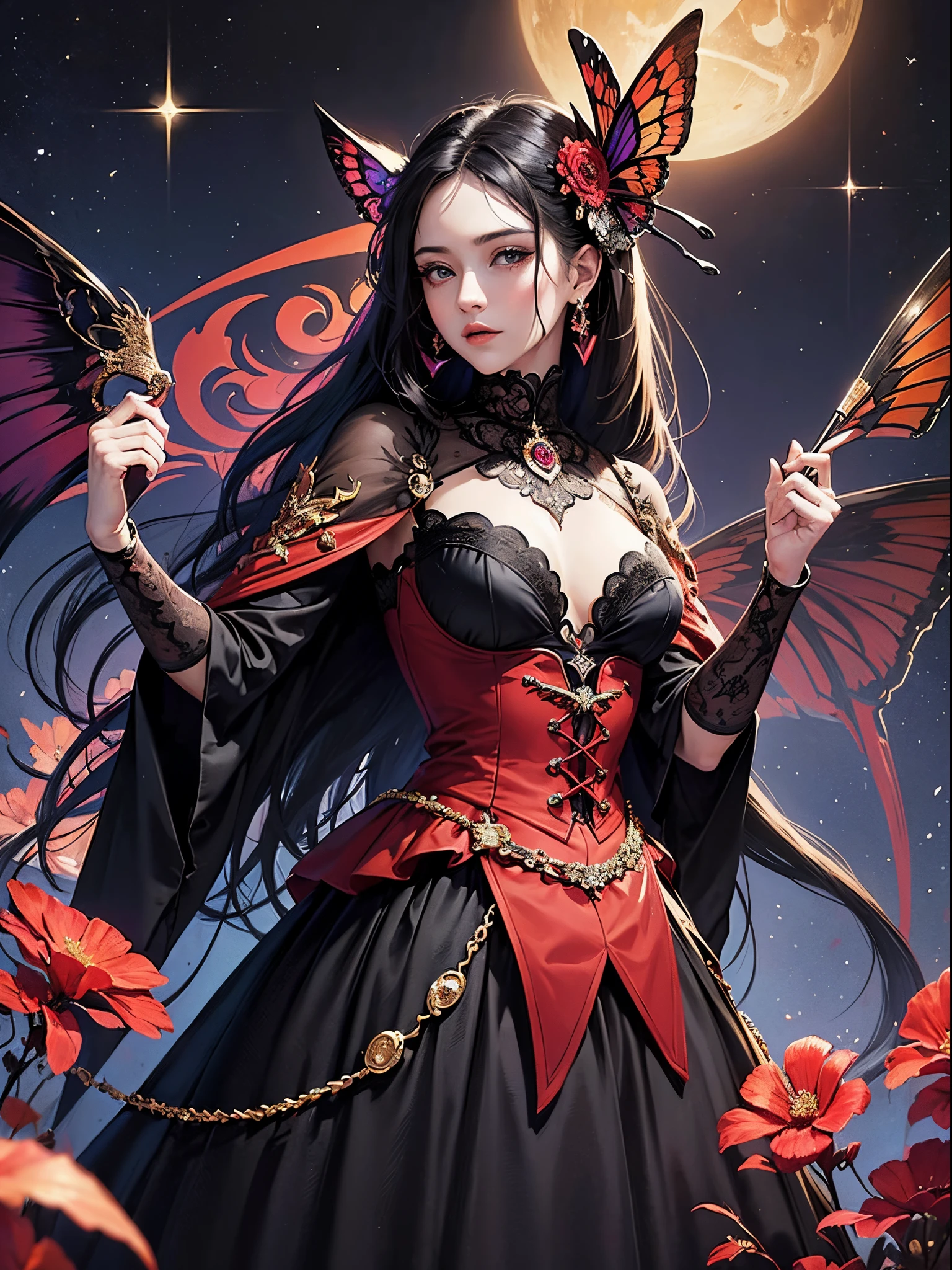 Butterfly motif、scarlet and black tones、Vibrant colors、((masterpiece)))、(((top-quality)))、((ultra-detailliert))、(A hyper-realistic)、(highly detailed CGillustration)、Official art、Seville at the beginning of the 20th century、Decadent、Madame Papillon、Cool Beauty、Masquerade、refinement、Elegance、Gorgeous、Colorful and detailed mask design、matchless beauty、Fans、gorgeous dress、jewely、Female Solo、Perfect Angle、perfect-composition
