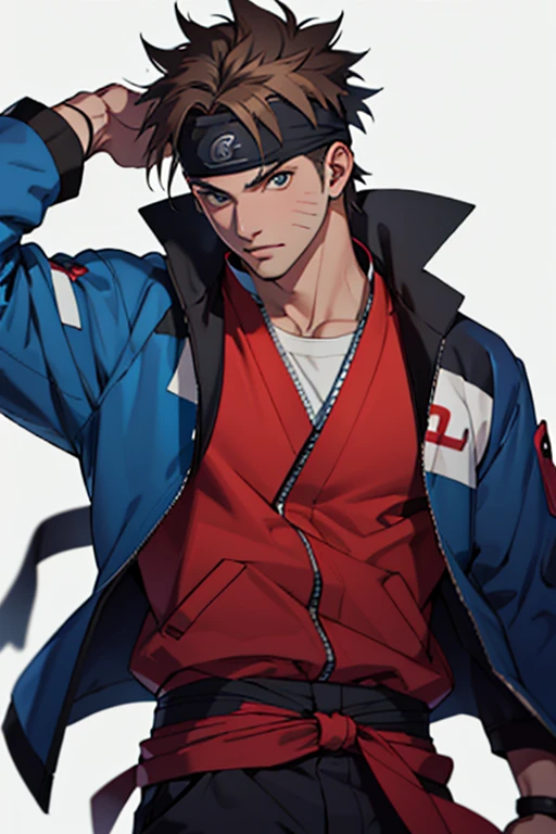 A European looking guy with messy straight brown hair. Handsome. High quality picture. With Naruto band. With konoha symbol on headband. Blue jacket. 4K quality.