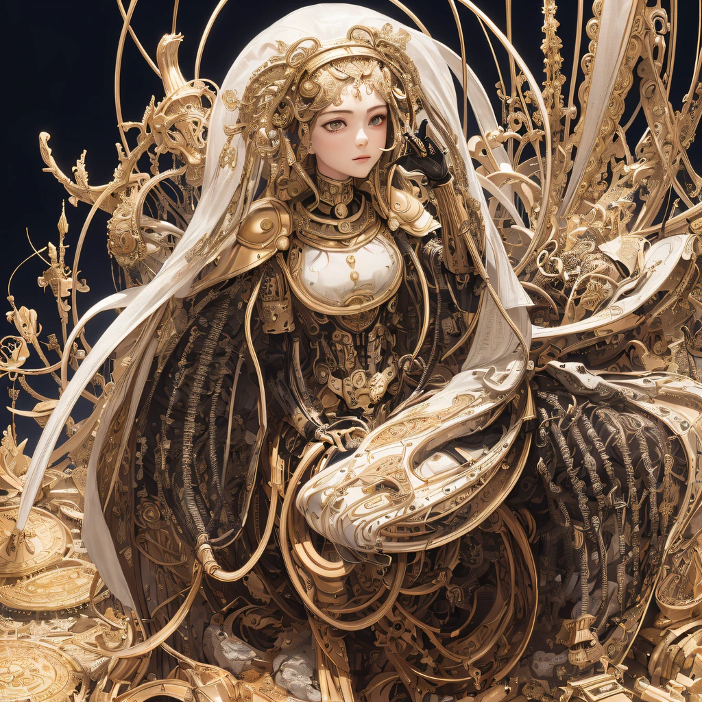 ((:1.1)), (tmasterpiece, top-quality, Best quality at best, offcial art, Beautiful and beautiful:1.2), (1个Giant Breast Girl:1.3), extremely detaile,Colorful,The most detailed ((ultra - detailed)), (Highly detailed CG illustration), ((Extremely Delicately Beautiful)),电影灯光,((1 mechanical girl)),Alone,full bodyesbian,(Machine made joints:1.2),(Mechanical limb),(The blood vessels are connected to the tube),(Mechanical vertebrae attach to the back),((The mechanical cervical vertebrae are attached to the neck)),(sitted),face expressionless,(wires and cables attaching to neck:1.2),(wires and cables on head:1.2),(Character focus),scientific fiction,white backgrounid