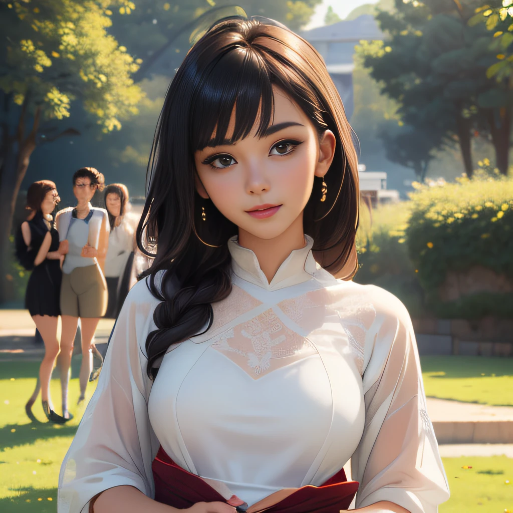 (extremely detailed 8K wallpaper:2), (photo:2), (22 years old Xuan Beautiful girl:2), (gives a lecture to friends:2), Detailed (Face & Eyes), (hyper realistic:1), (Highly detailed:1), (Epic Realistic:1), rim light, (Maximum details:1), Cosy, (body complet:1.3), (looking a viewer:2.0), (Attractive qualities of a woman:2), (attractive female:2), (Attractive:2), Smile, intelligence, sympathy, Grace, A sense of style, Fitness, Care, optimism, (sensitivity:2), frankness, Romantic gestures, playfulness, Fashion Sense, (sensuality:2), charm, modesty, Thoughtfulness, (femininity:1), flirtatiousness, warmth, (Physical Attractiveness:2), beautiful smile, Love of Life, Strength and power, Vulnerability, curiosity, wonder, Love, (Nature's prehistory:2), Kawaii, waifu, beautiful breasts, (attractive body:2), (handsome body:2), BEAUTIFUL POSE, attractive pose, (nice feet:1.0), (beautiful clothing:1), (Classic clothes:2), (elegant clothing:2), (European Clothing:2), detailed clothes, (upskirt:1), (blouse:1), (provocative pose)