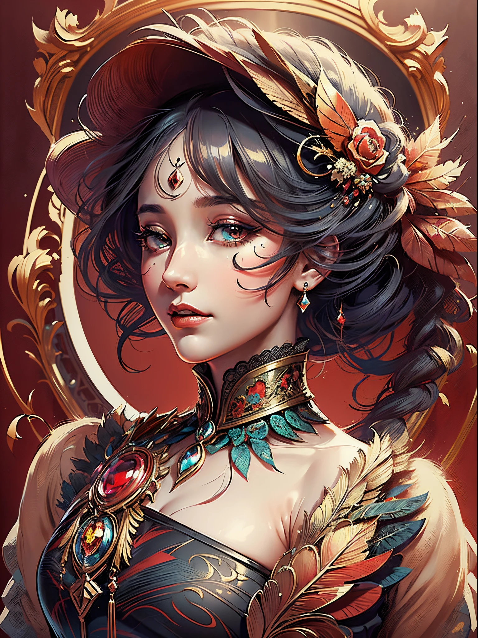 Butterfly motif、scarlet and black tones、Vibrant colors、((masterpiece)))、(((top-quality)))、((ultra-detailliert))、(A hyper-realistic)、(highly detailed CGillustration)、Official art、Seville at the beginning of the 20th century、Decadent、Madame Papillon、Cool Beauty、Masquerade、refinement、Elegance、Gorgeous、Colorful and detailed mask design、matchless beauty、Fans、gorgeous dress、jewely、Female Solo、Perfect Angle、perfect-composition