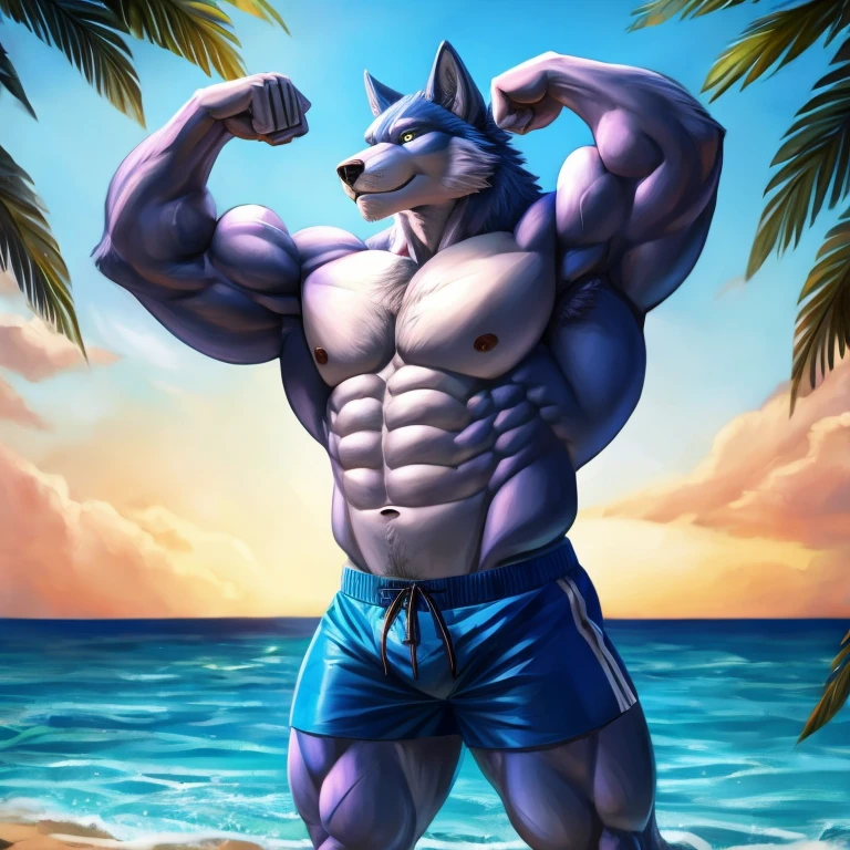 Muscular blue wolf flexing his biceps, shirtless and wearing swimming trunks